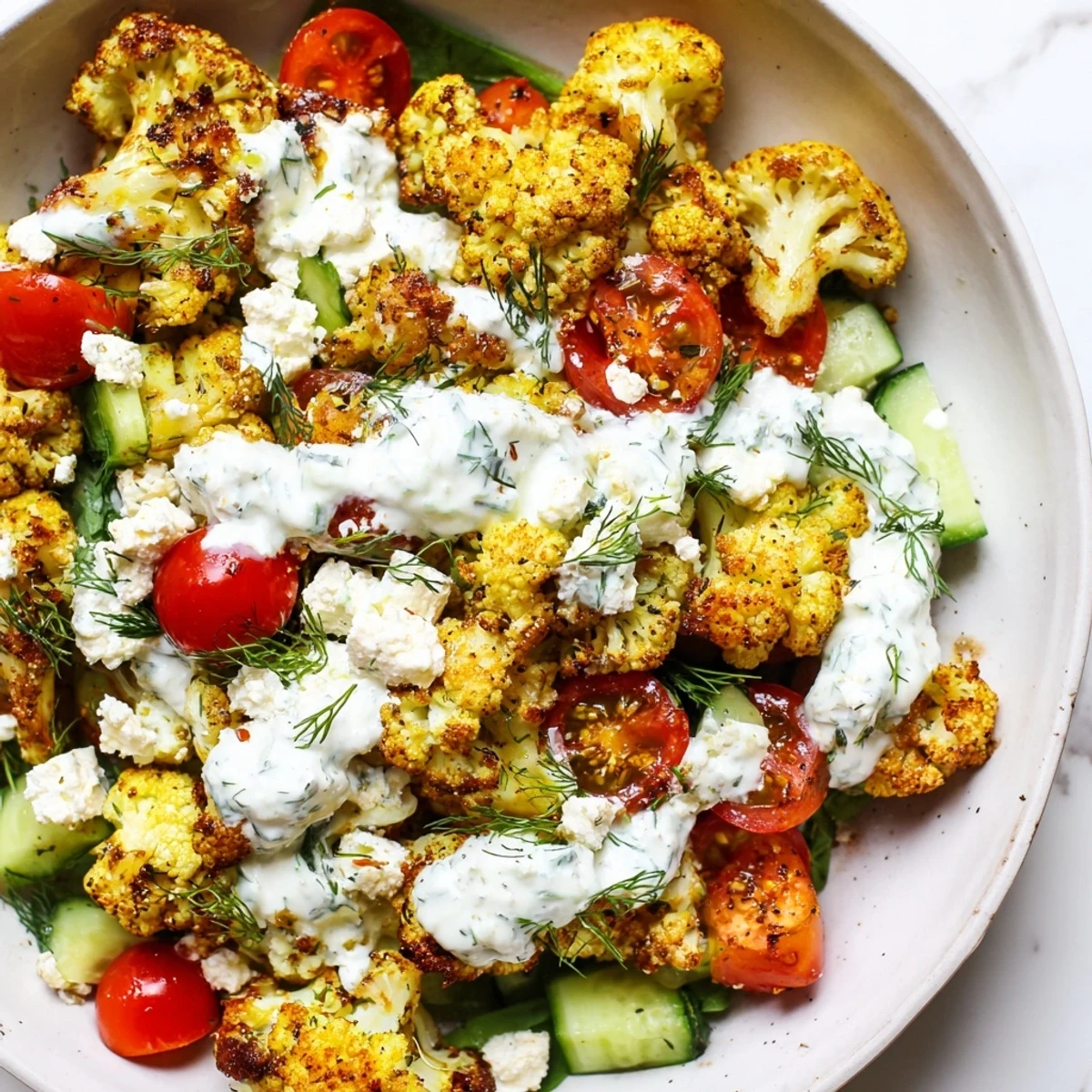 Golden roasted Greek cauliflower bowl topped with crumbled feta and fresh vegetables