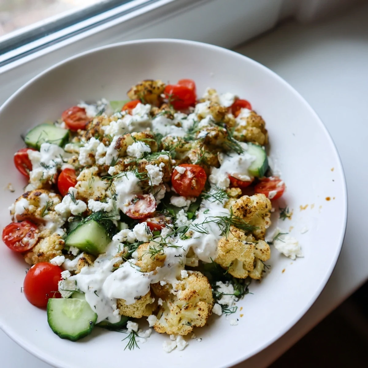 Greek cauliflower bowl with creamy tzatziki drizzle over colorful Mediterranean vegetables