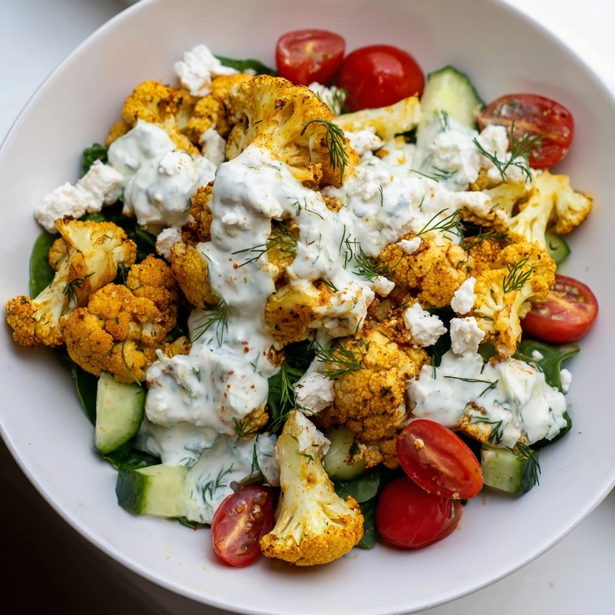 Warm spiced Greek cauliflower bowl served on a bed of tender baby spinach