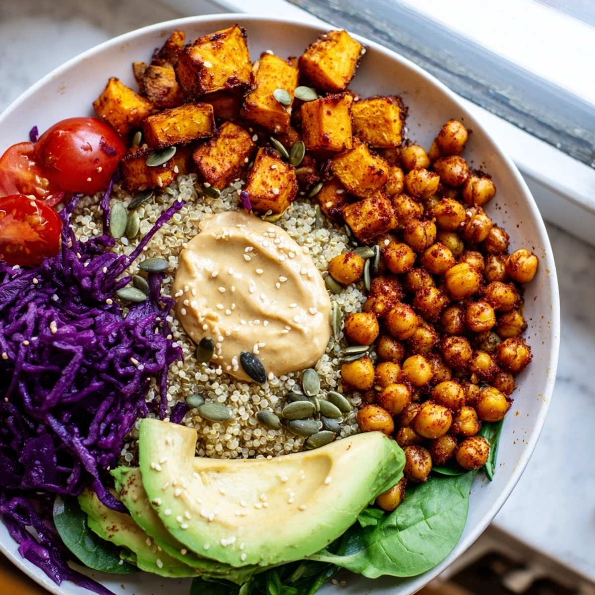 Vibrant Buddha Bowl served over quinoa with fresh avocado and toasted sesame seeds