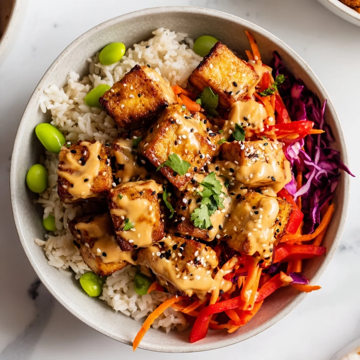 Golden crispy tofu rice bowl with peanut sauce drizzled over colorful fresh vegetables