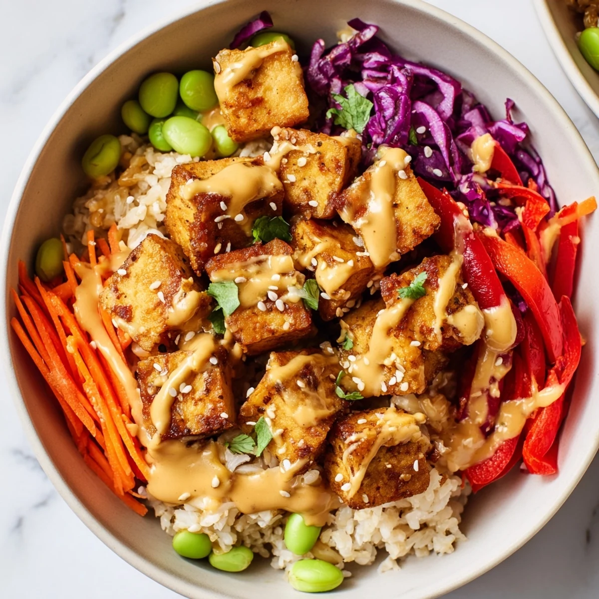 Crispy tofu rice bowl with peanut sauce served in a white ceramic dish