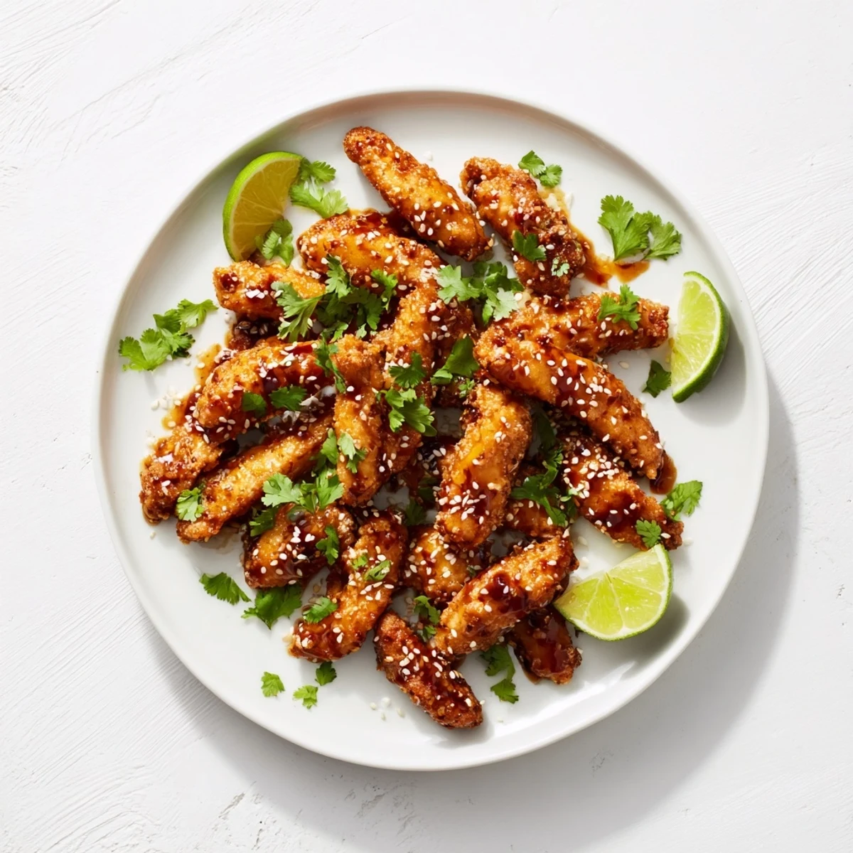 Crispy golden Thai Sticky Chicken Fingers drizzled with sweet and spicy sauce on a platter