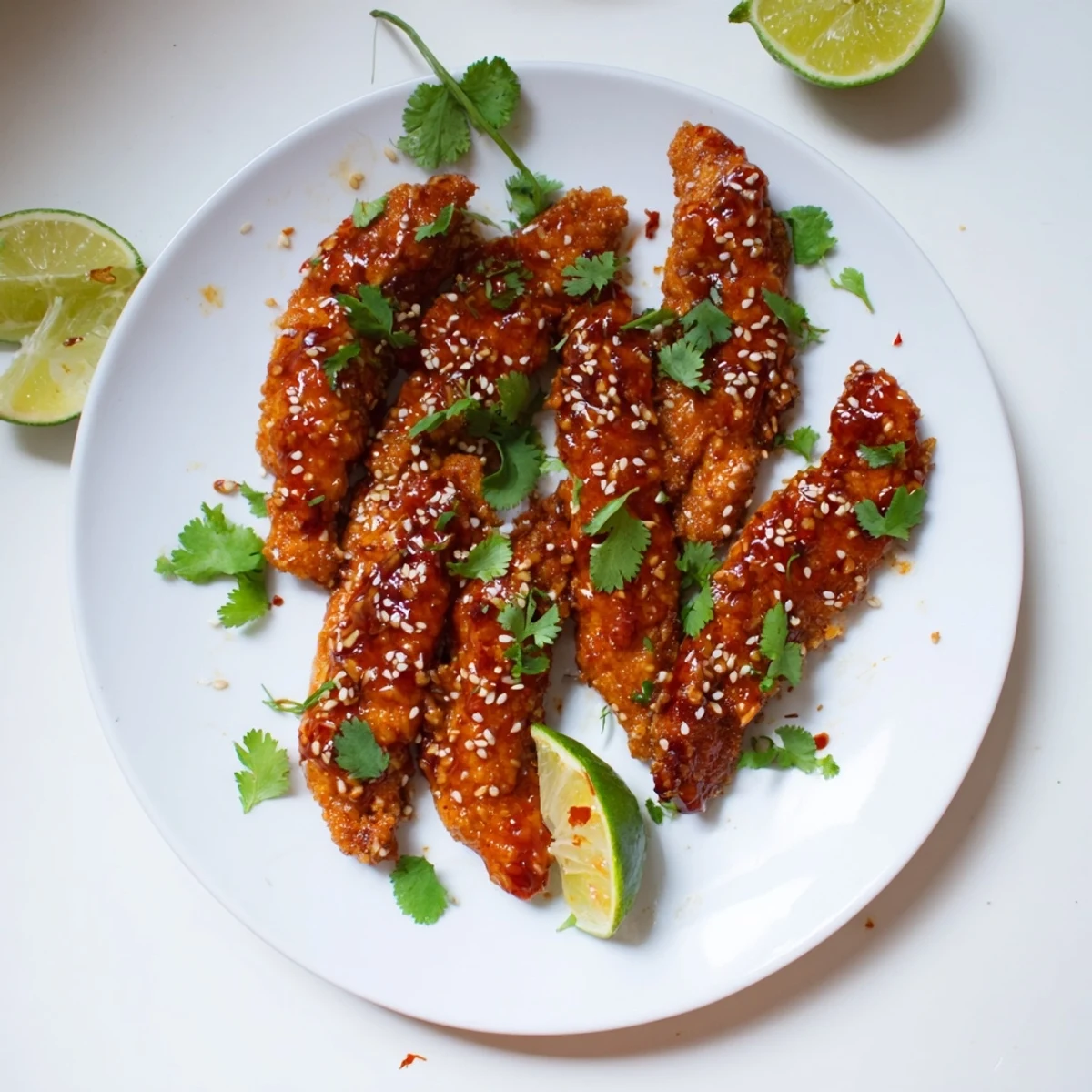 Juicy Thai Sticky Chicken Fingers coated in a glossy, tangy chili glaze with sesame seeds