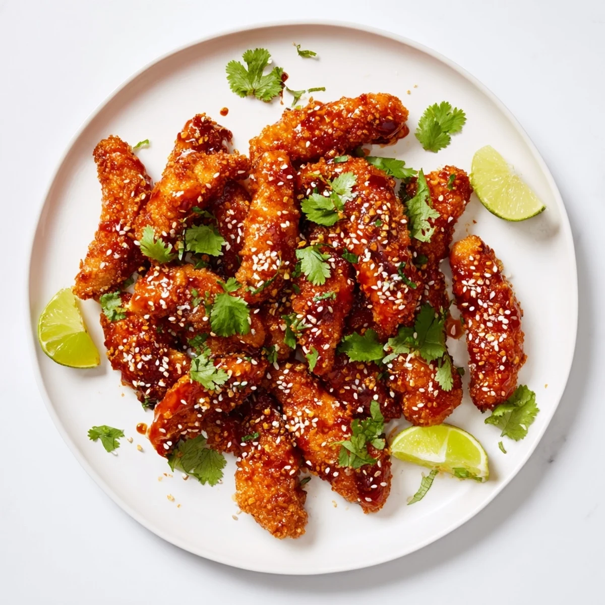 Crispy baked Thai Sticky Chicken Fingers garnished with fresh cilantro and served alongside lime wedges