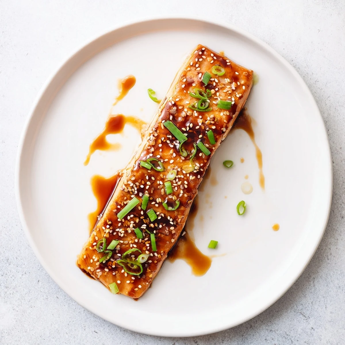 Caramelized gluten free teriyaki salmon fillets glistening with a thick, glossy Asian-inspired glaze