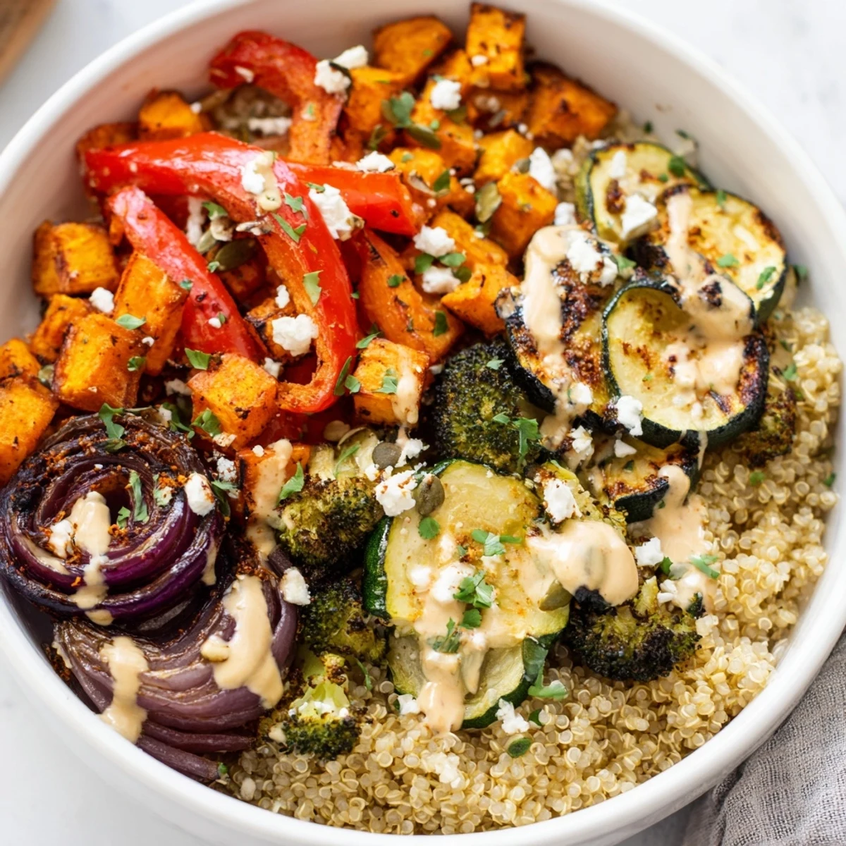 A vibrant grain bowl with roasted vegetables drizzled with creamy tahini dressing.