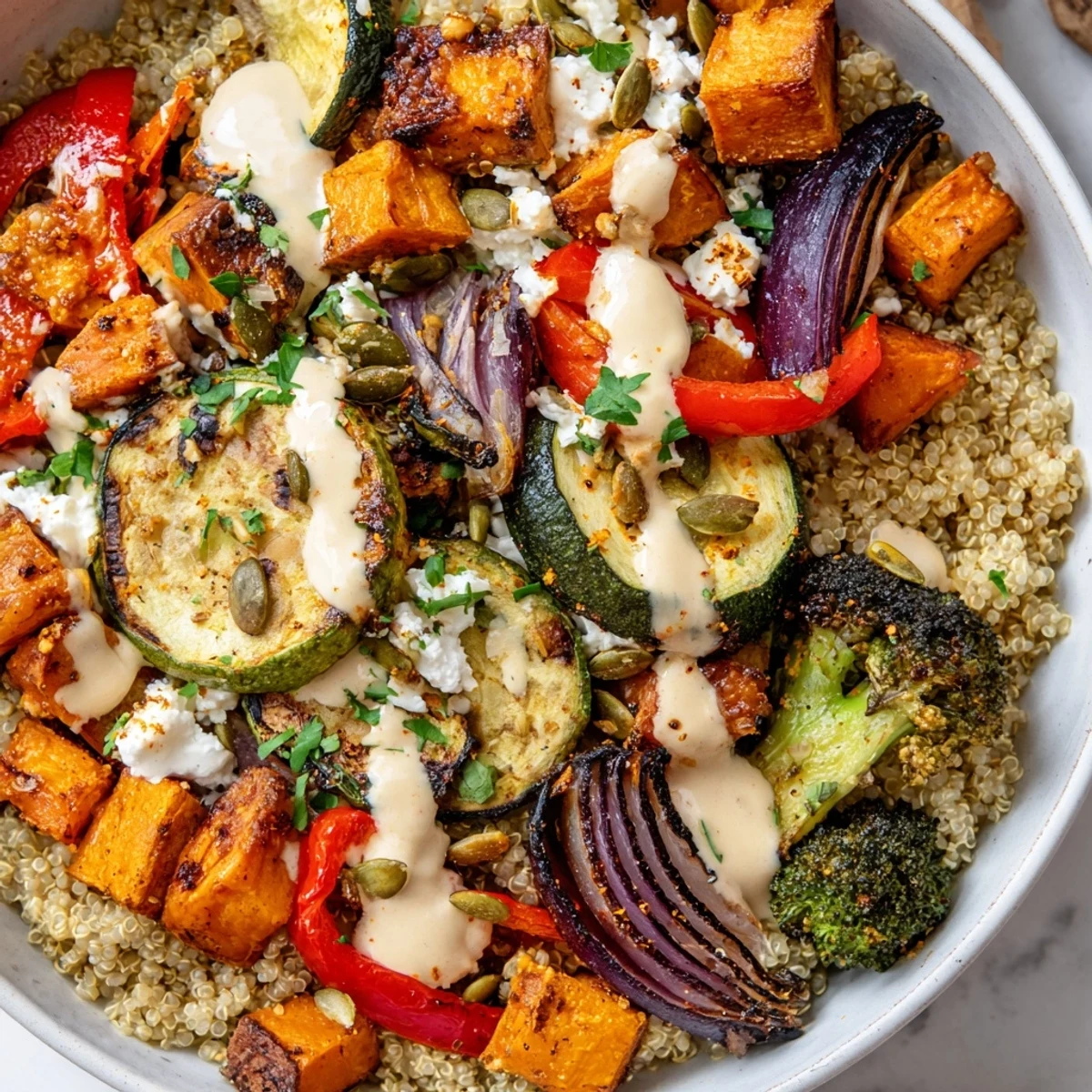 Golden roasted sweet potato and broccoli crown this hearty grain bowl with vegetables.