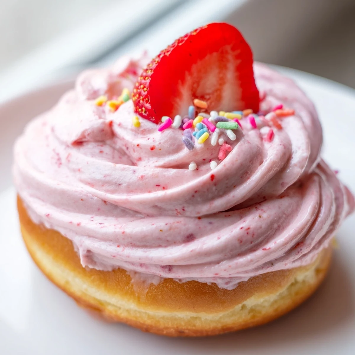 Soft baked strawberry buttercream frosted donuts crowned with pink swirled icing and fresh berry slices