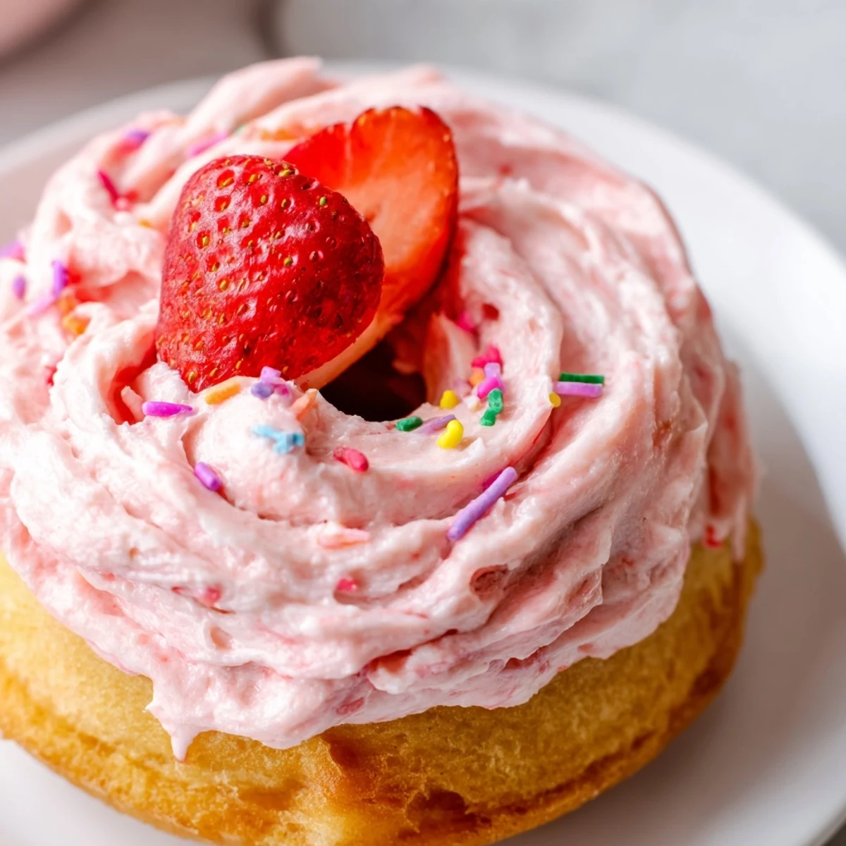 Pillowy strawberry buttercream frosted donuts piped high with silky frosting and dotted with colorful sprinkles
