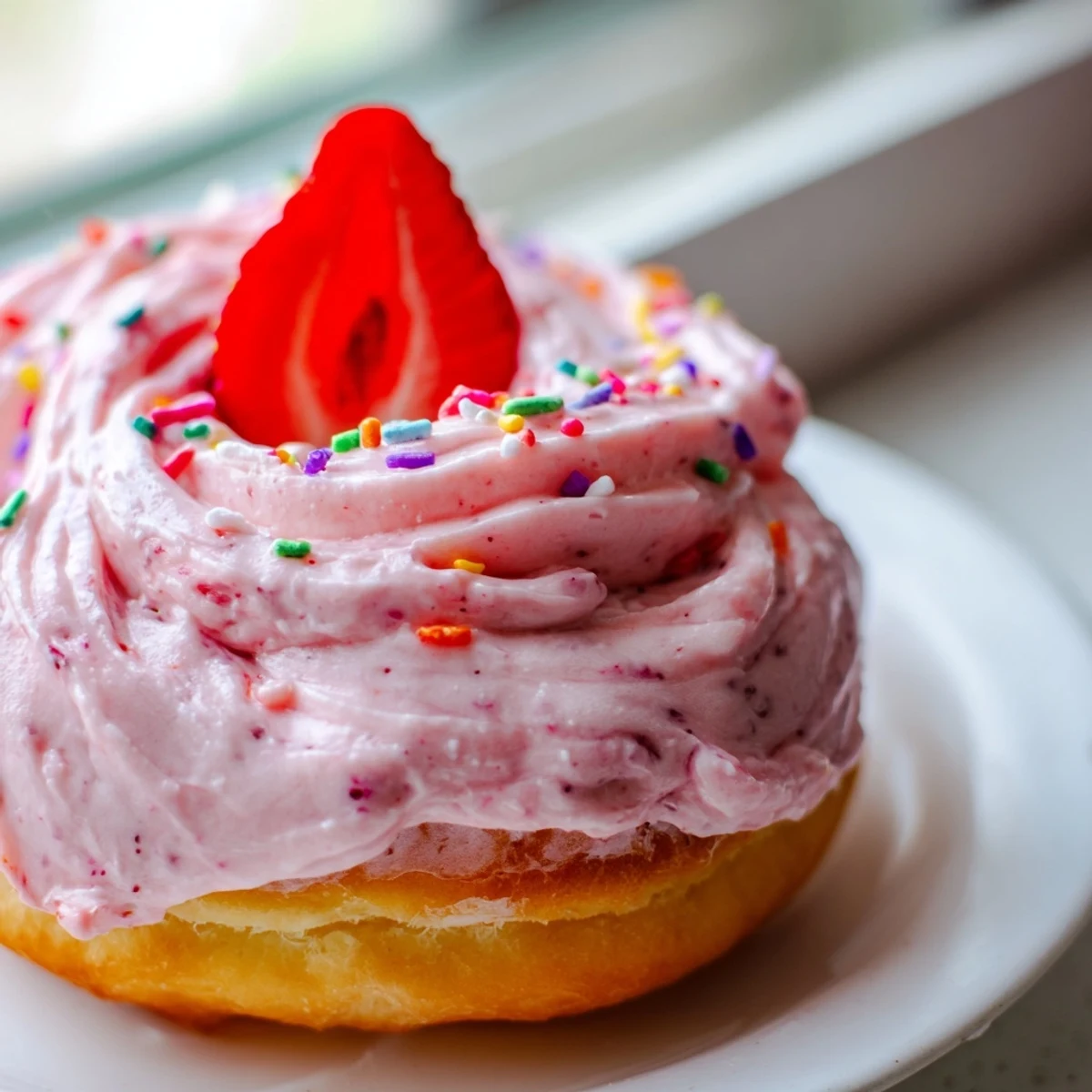 Golden strawberry buttercream frosted donuts arranged on a rustic plate with sprinkles and whole strawberries