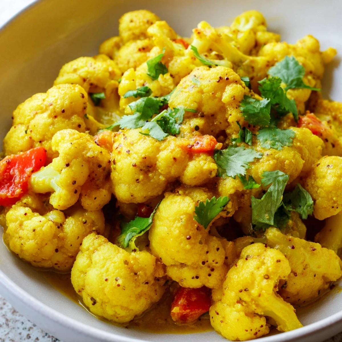 Creamy Greek yogurt cauliflower curry in a golden spiced sauce with fresh cilantro garnish