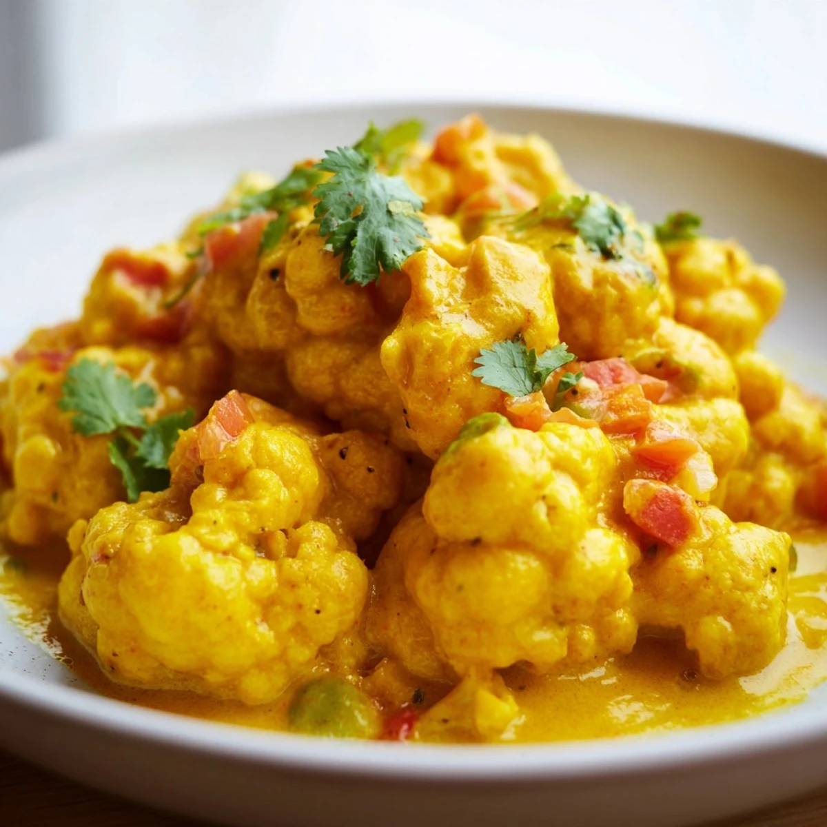 Vibrant vegetarian Greek yogurt cauliflower curry ladled into a bowl alongside fluffy basmati rice
