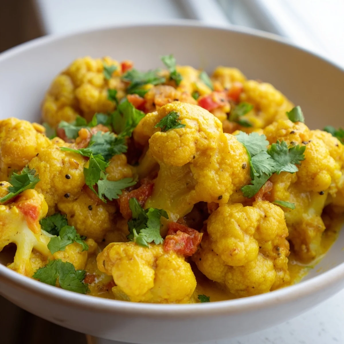 Tender cauliflower florets coated in a rich, tangy Greek yogurt curry served steaming hot