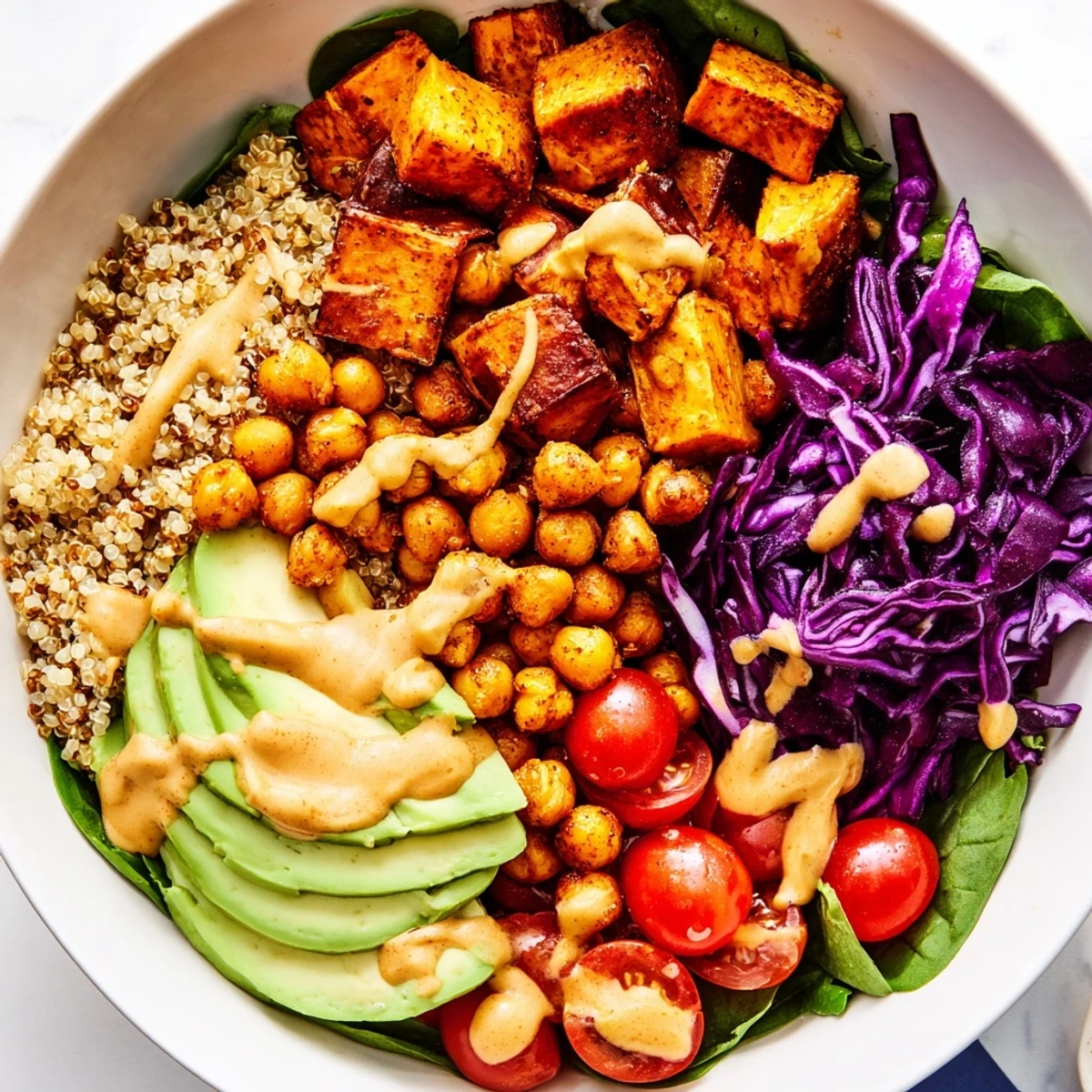 Golden roasted sweet potato bowl drizzled with creamy tahini dressing and fresh vegetables