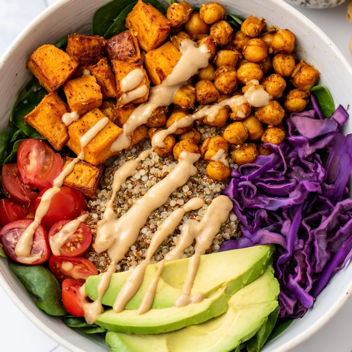 Colorful sweet potato bowl topped with chickpeas avocado and tangy sesame dressing