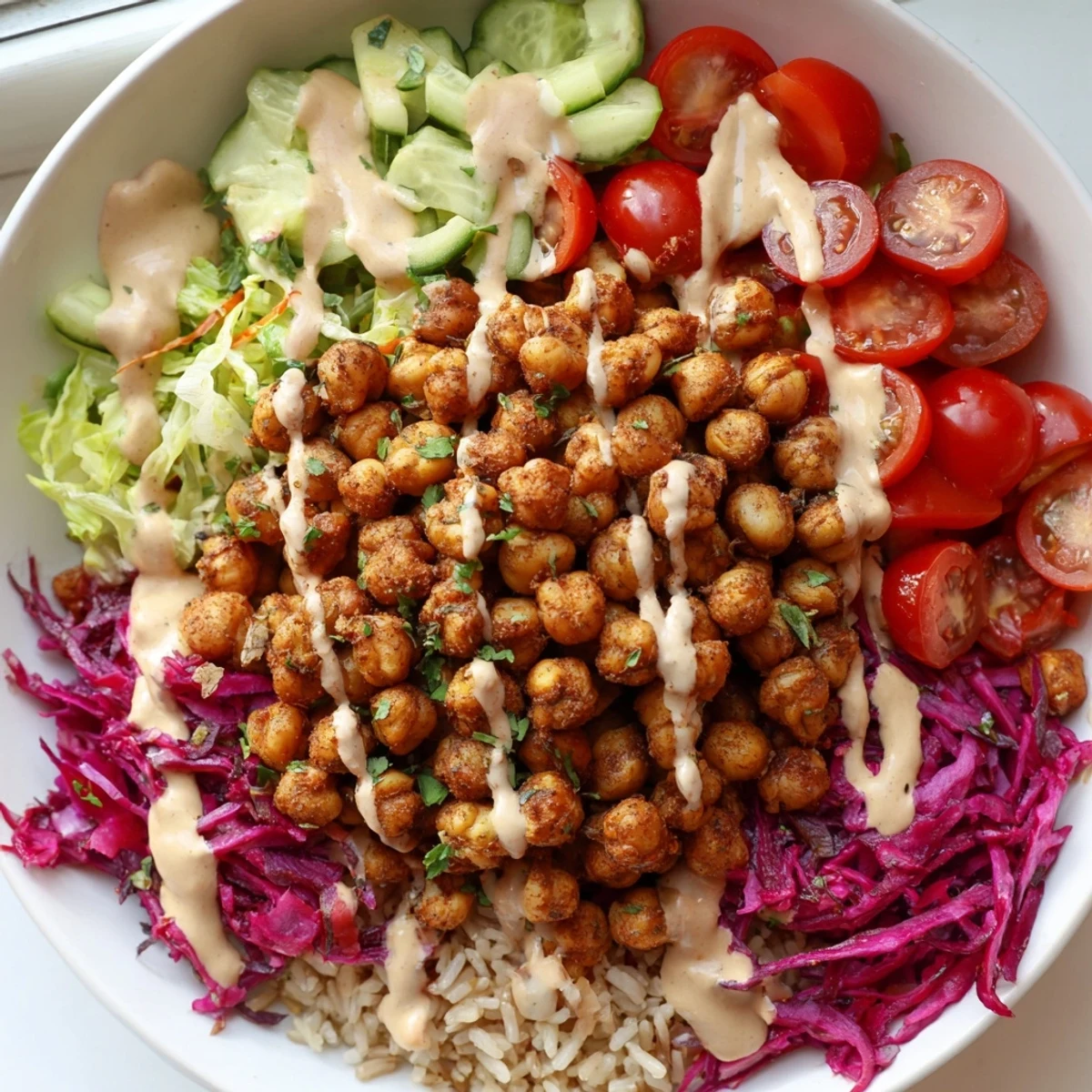 Golden crispy chickpea shawarma bowl drizzled with creamy tahini sauce over fluffy rice