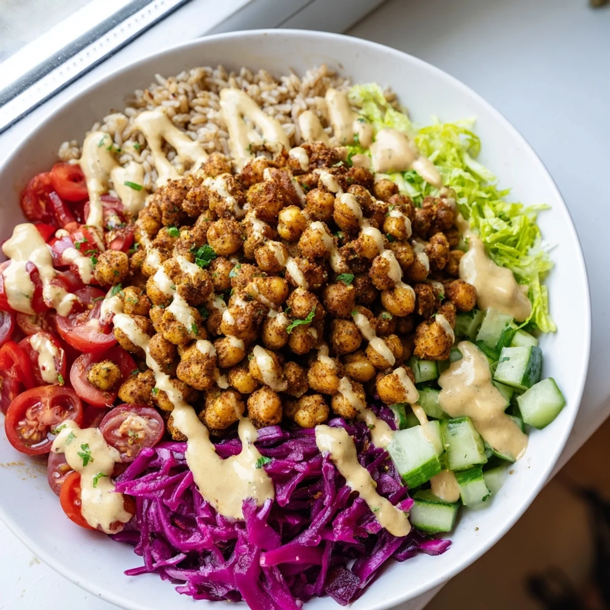 Colorful chickpea shawarma bowl loaded with fresh veggies pickles and tangy lemon wedges