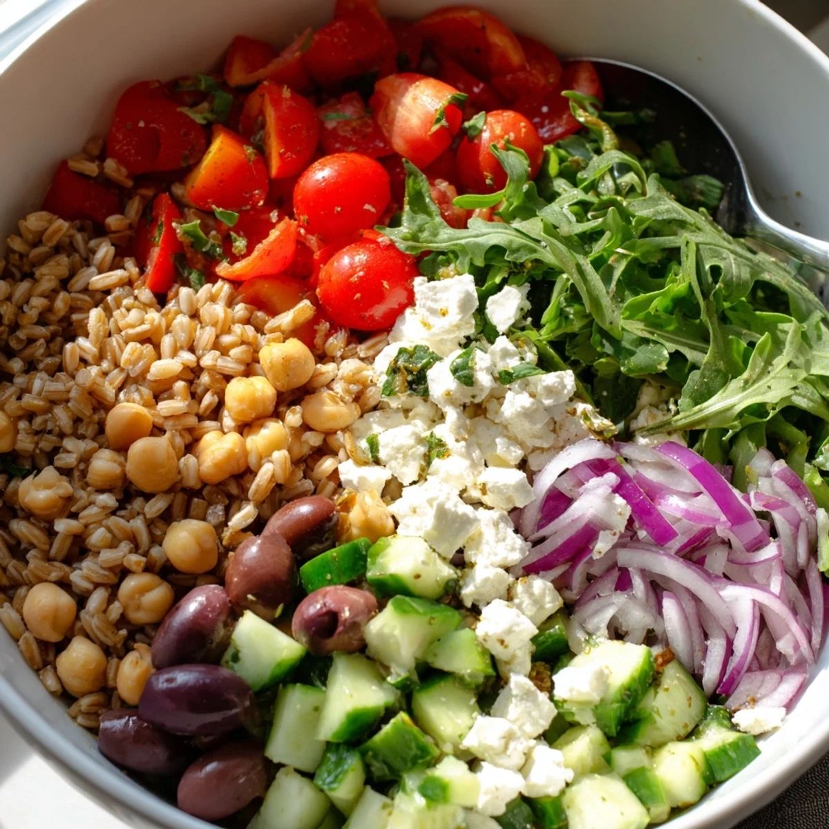 Colorful Mediterranean Grain Bowl topped with crisp veggies, crumbled feta, and zesty dressing