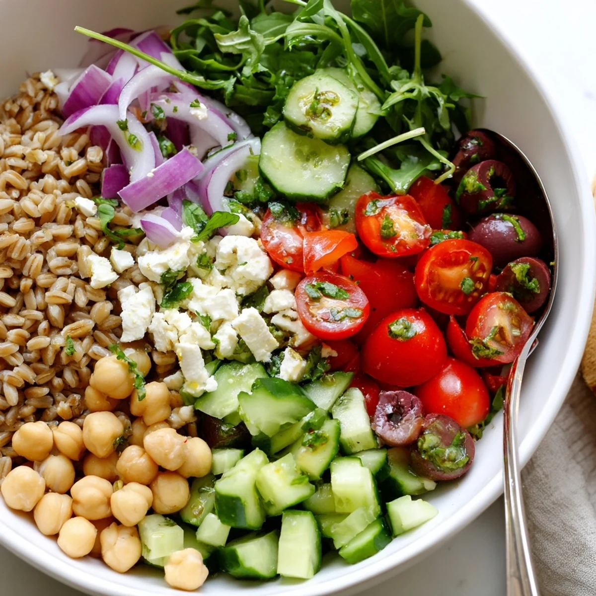 Fresh Mediterranean Grain Bowl drizzled with lemon herb dressing beside vibrant diced vegetables