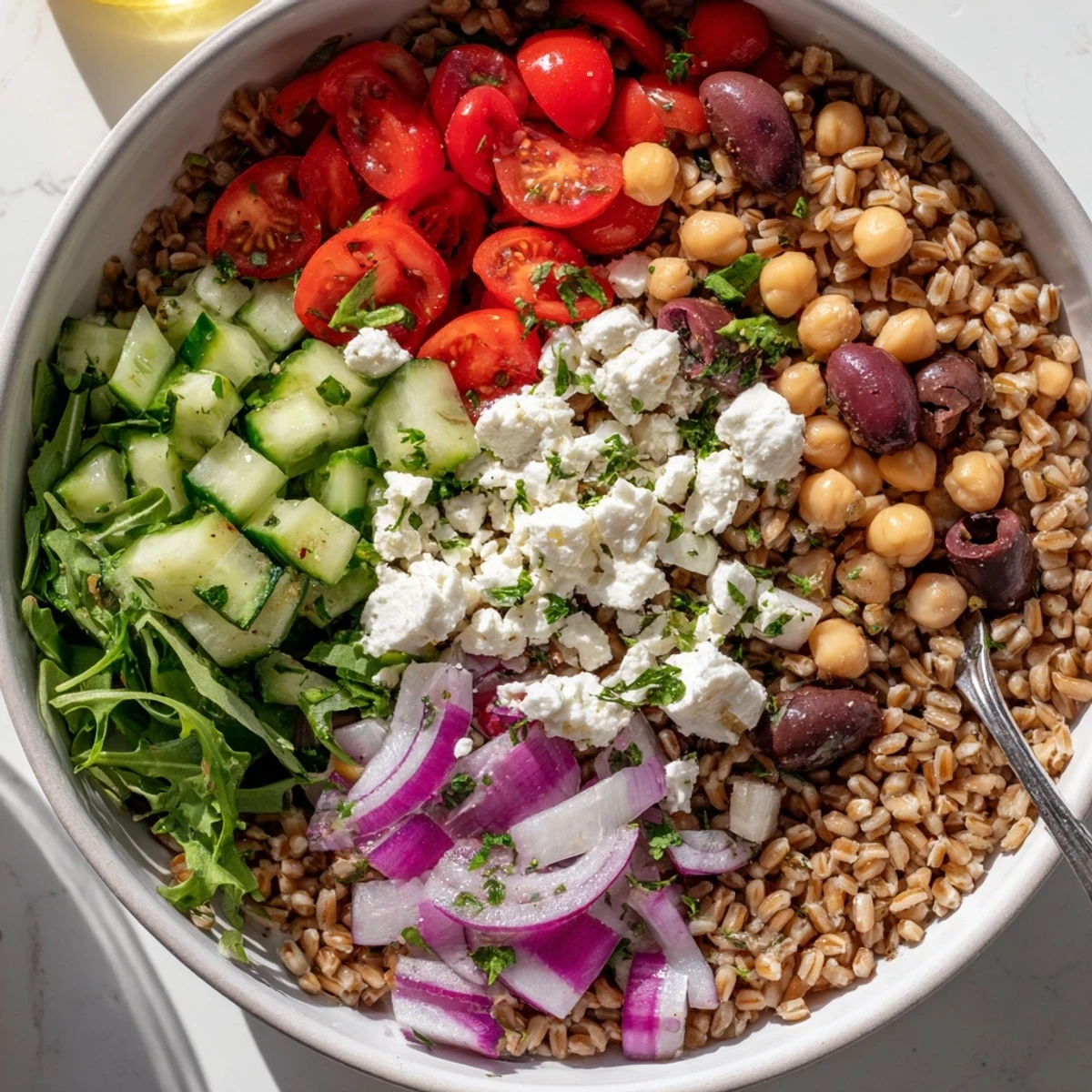 Warm Mediterranean Grain Bowl served in a rustic dish with chickpeas and olives