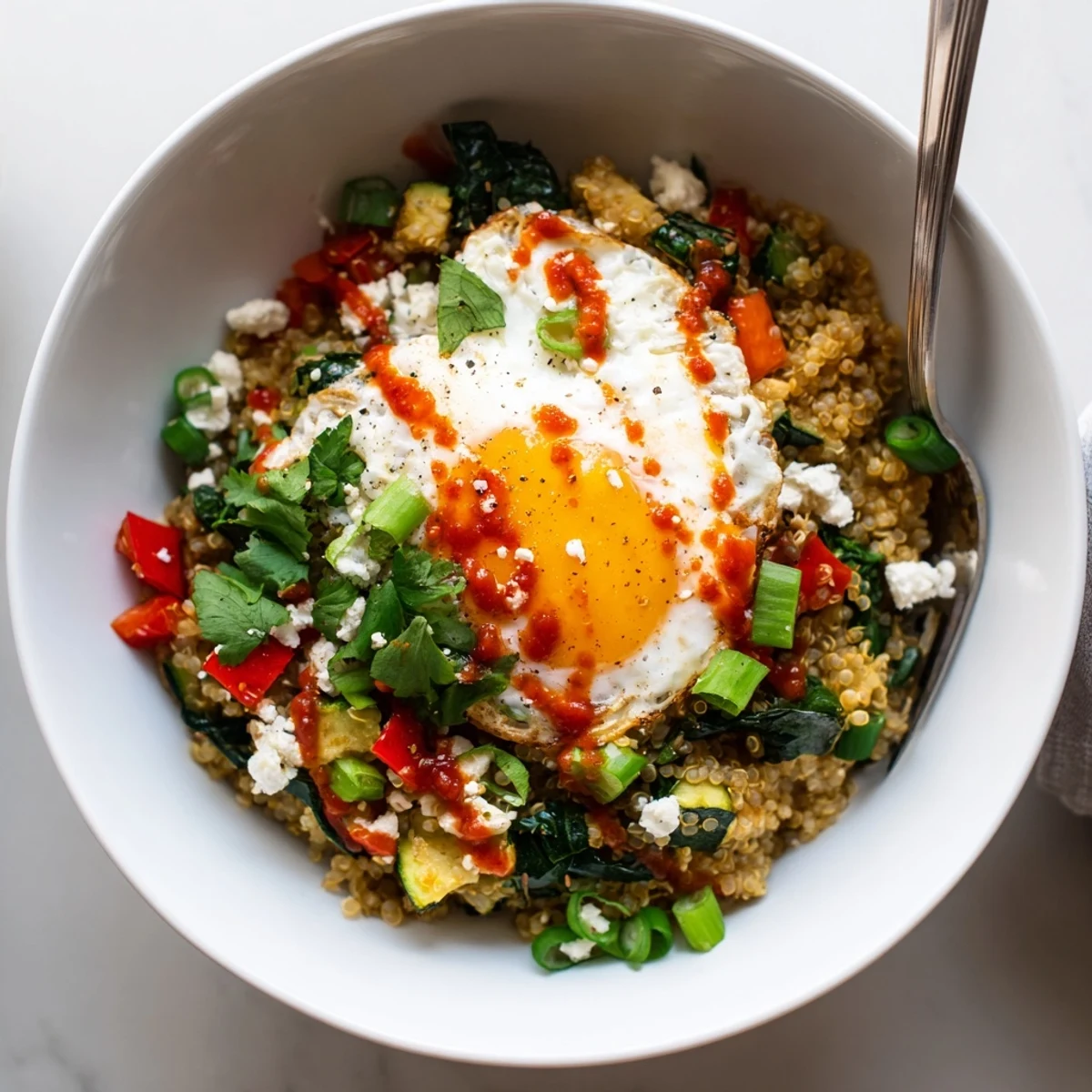 Fluffy quinoa breakfast bowl garnished with fresh herbs, crumbled feta, and hot sauce