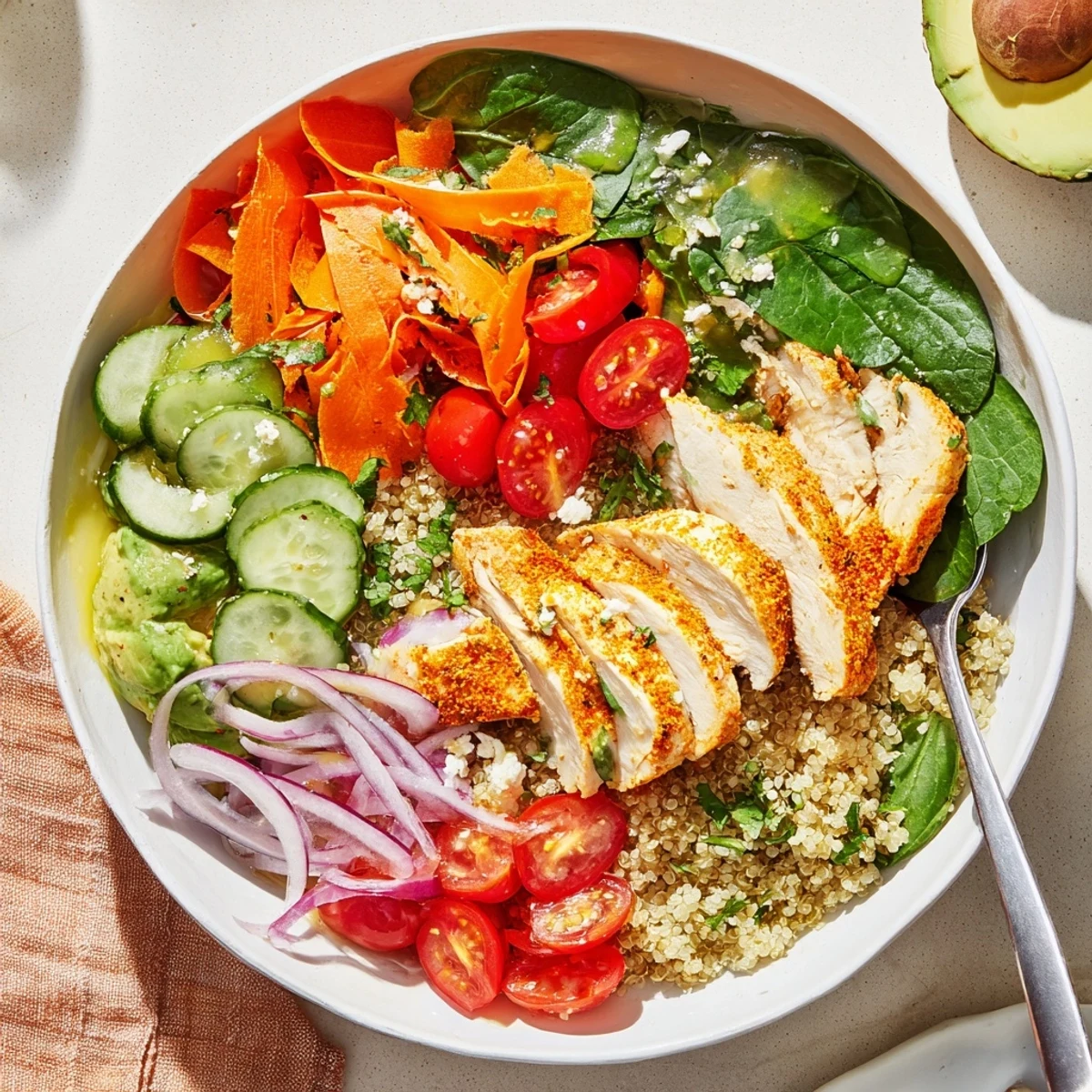 Hearty chicken grain bowl loaded with roasted vegetables, quinoa, and creamy avocado slices