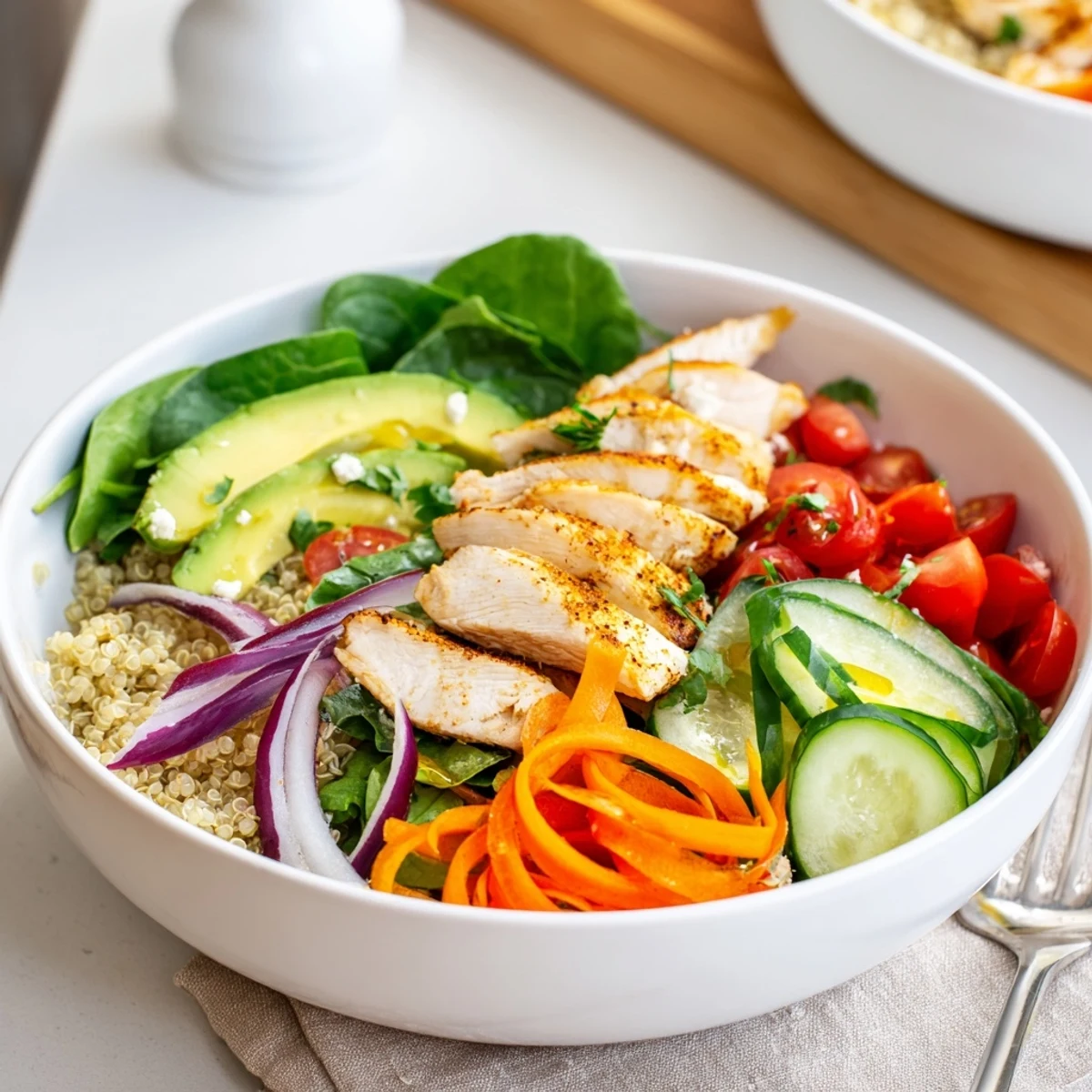 Smoky grilled chicken grain bowl drizzled with bright lemon herb dressing on rustic plate