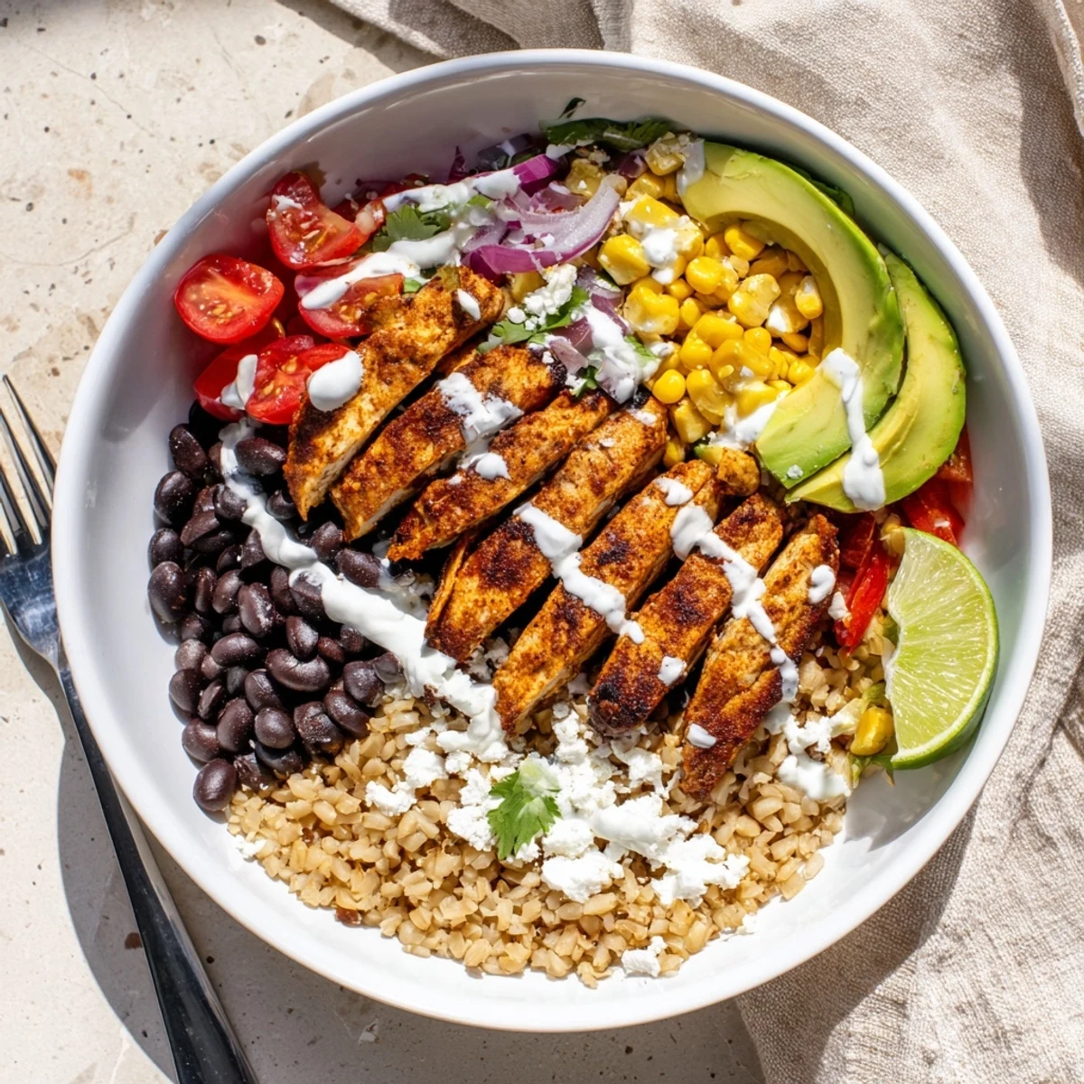 A Mexican chicken grain bowl topped with vibrant veggies and creamy lime crema drizzle
