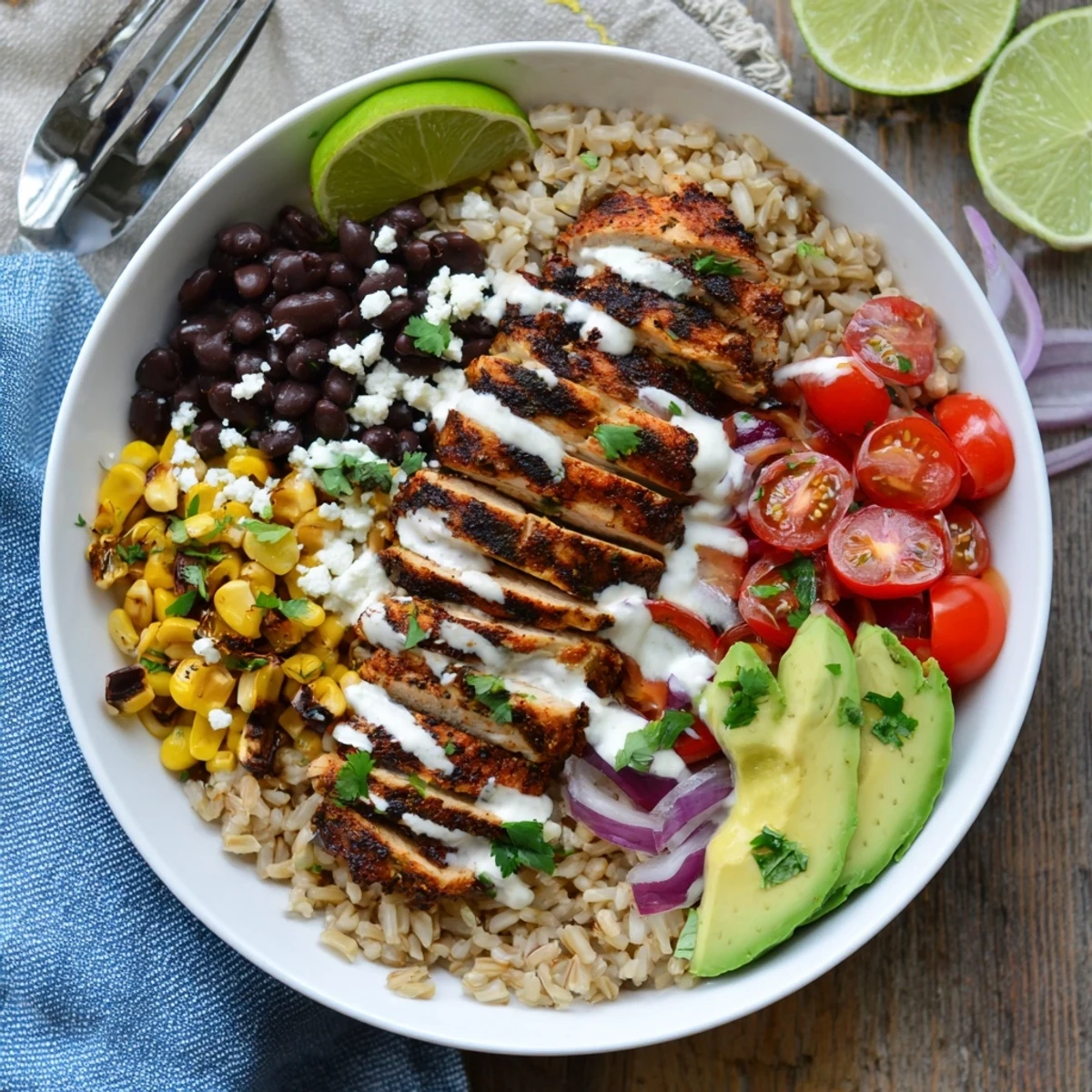 Golden spiced chicken strips rest atop a colorful Mexican chicken grain bowl with fresh toppings
