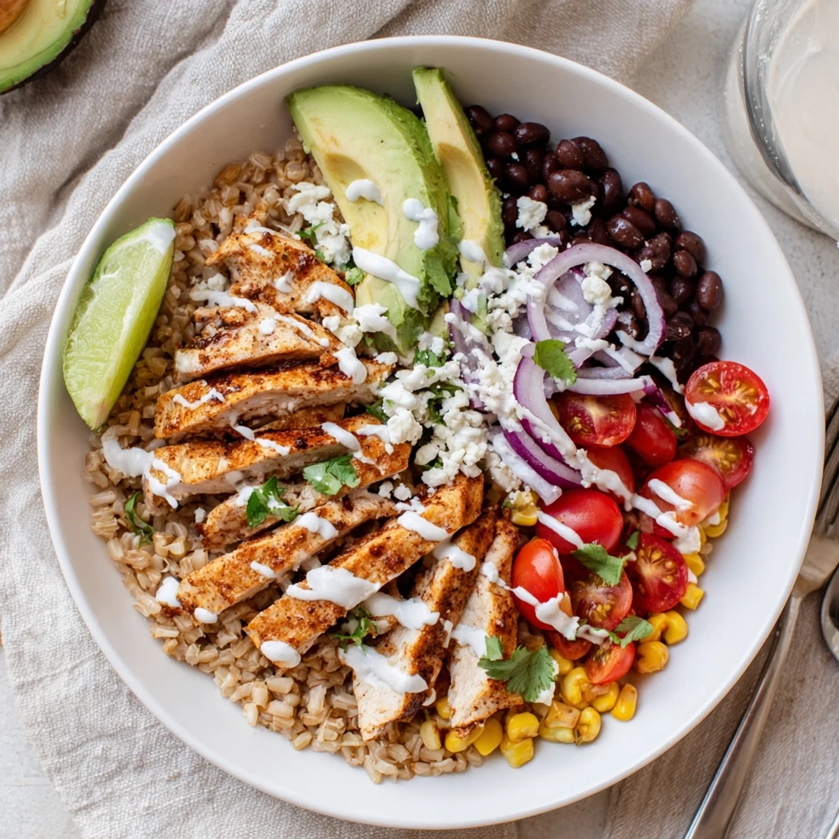 A hearty Mexican chicken grain bowl layered with black beans avocado and zesty cilantro garnish
