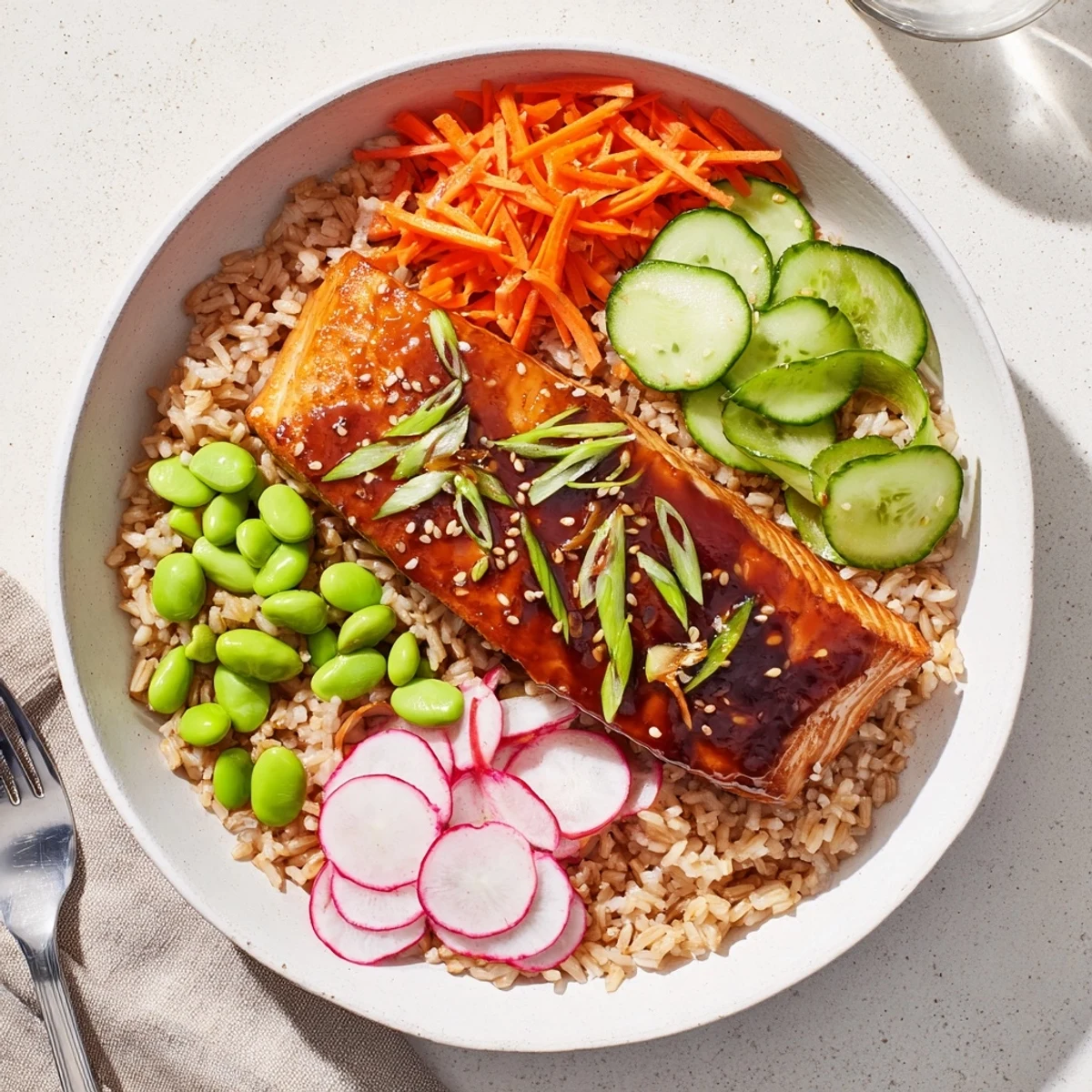 Glossy Asian salmon grain bowl topped with sliced avocado, crisp radishes, and sesame seeds
