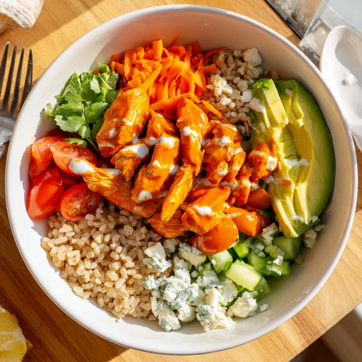 Buffalo chicken grain bowl topped with crisp veggies and creamy ranch dressing