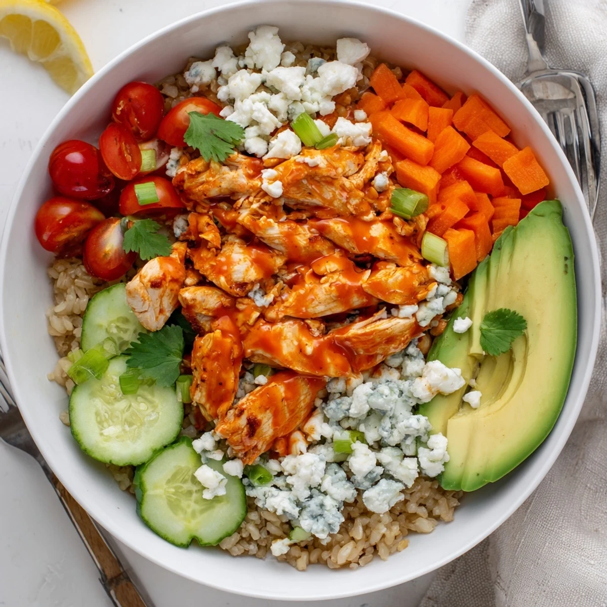 Spicy buffalo chicken grain bowl served over fluffy quinoa with fresh avocado