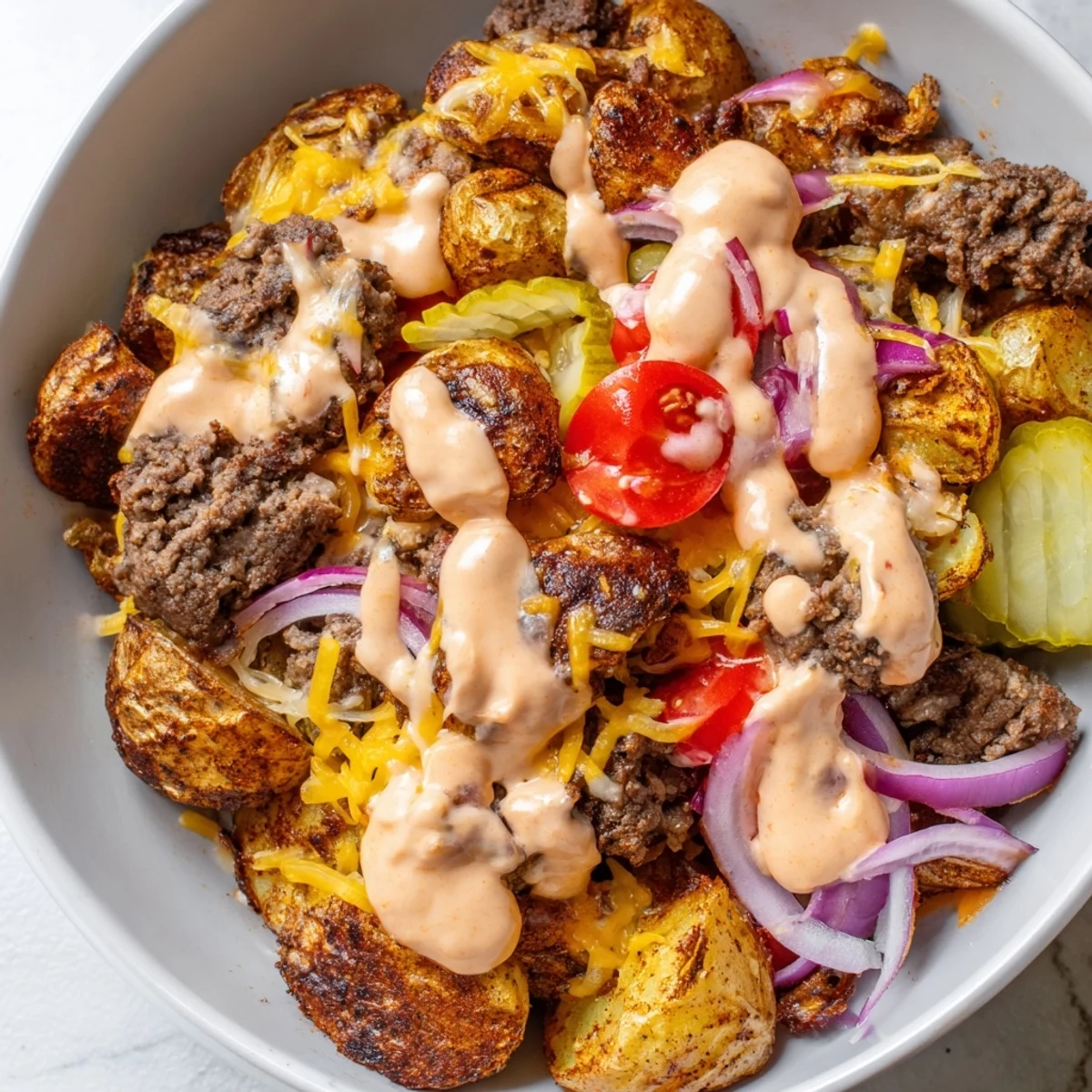 Loaded smash burger bowls topped with crispy golden potatoes and drizzled creamy special sauce