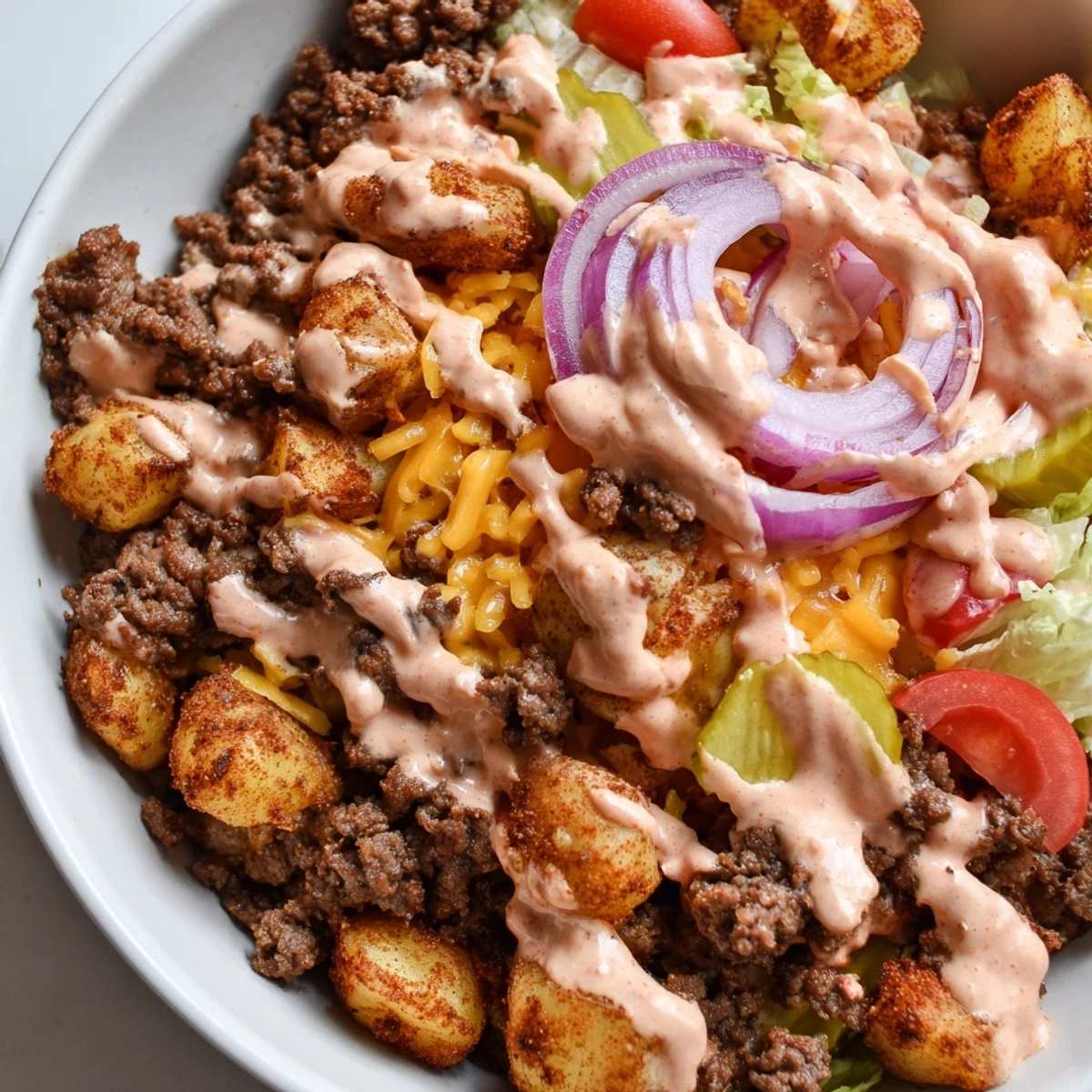 Crispy smashed potatoes cradling juicy beef crumbles with melted cheddar in hearty bowl