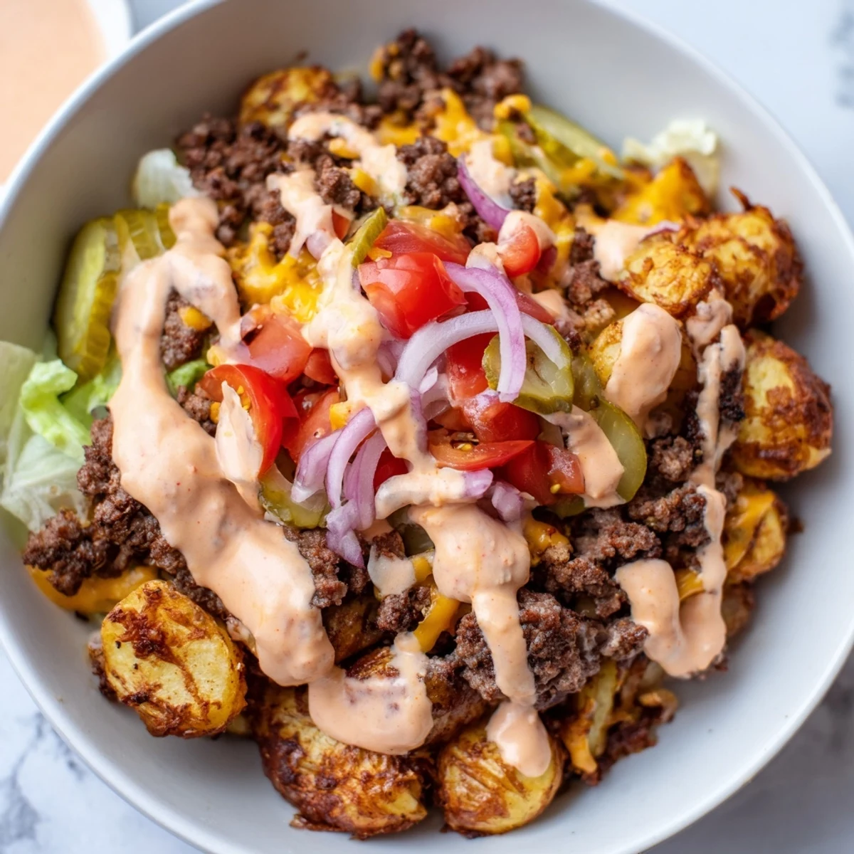Loaded smash burger bowls garnished with fresh lettuce, diced tomatoes, and tangy sauce