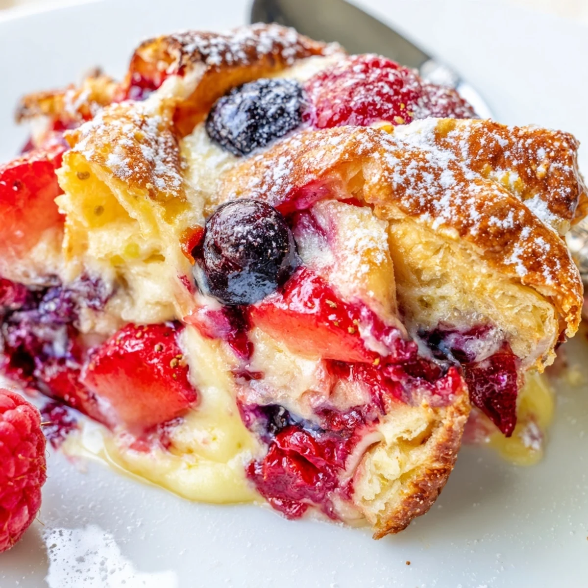 Golden berry croissant bake topped with powdered sugar in a rustic baking dish