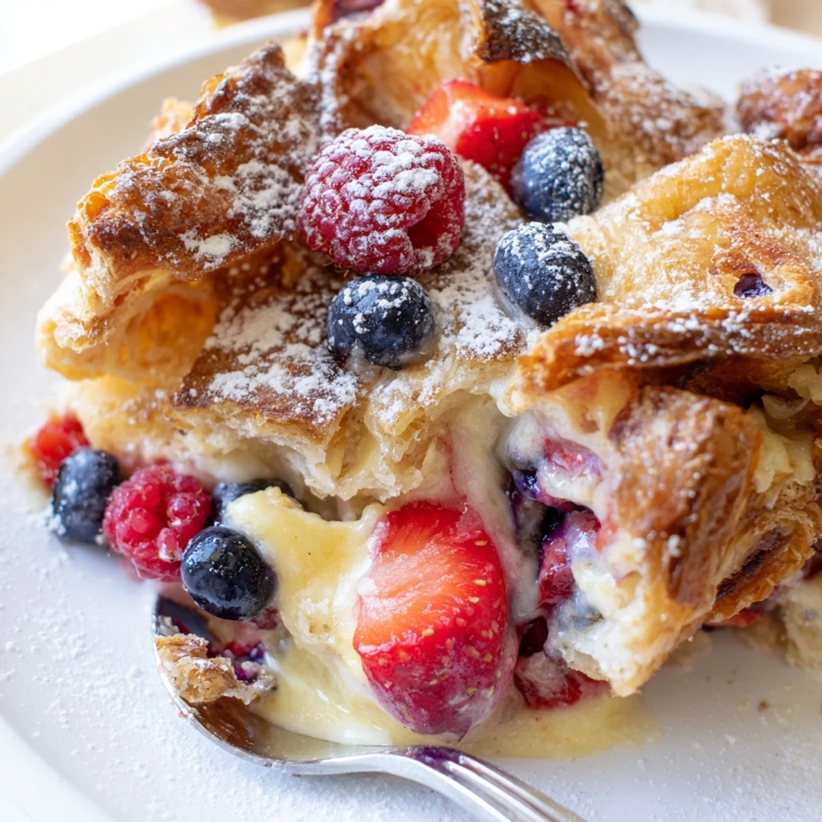 Berry croissant bake with bursts of blueberries and raspberries in creamy custard