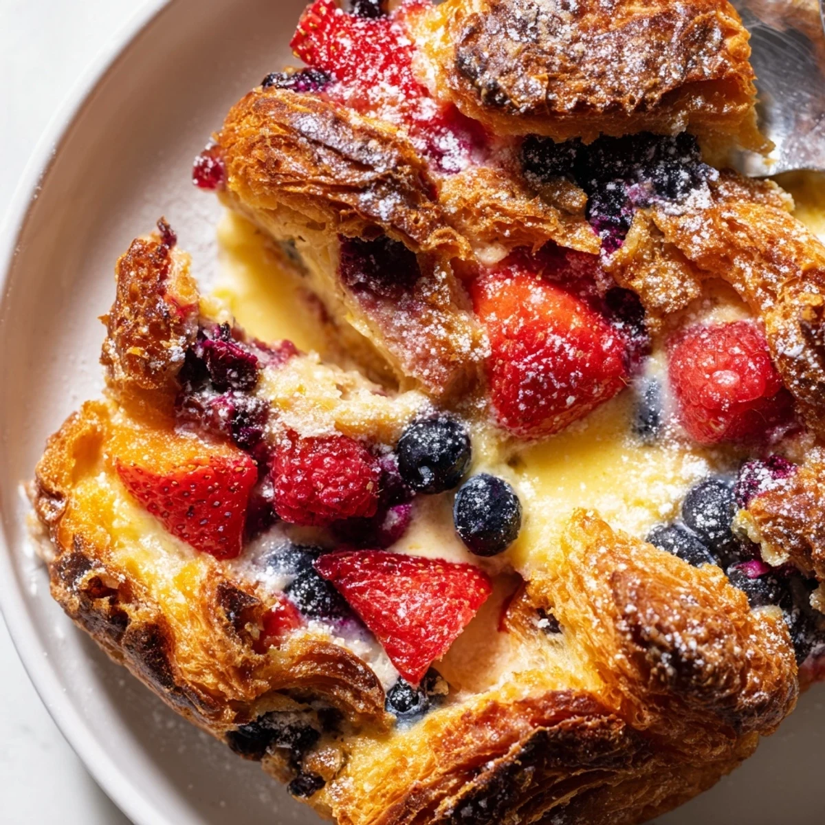 Warm berry croissant bake served on a plate with syrupy mixed berry sauce