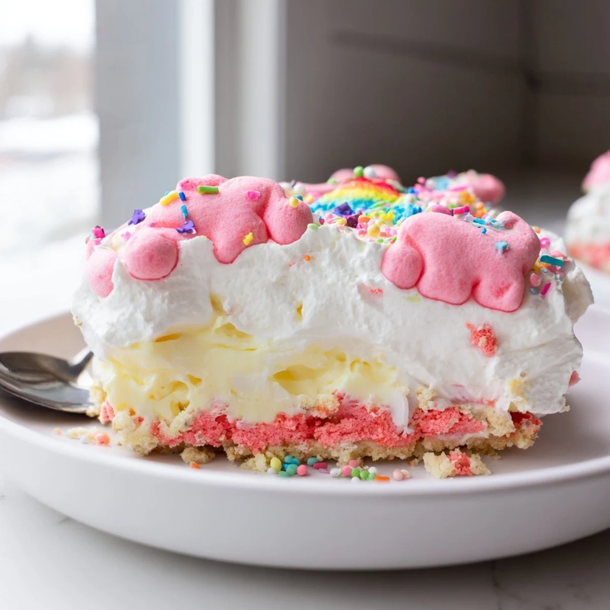 Colorful circus animal cookie lush layered with creamy pudding and whipped topping in a glass baking dish