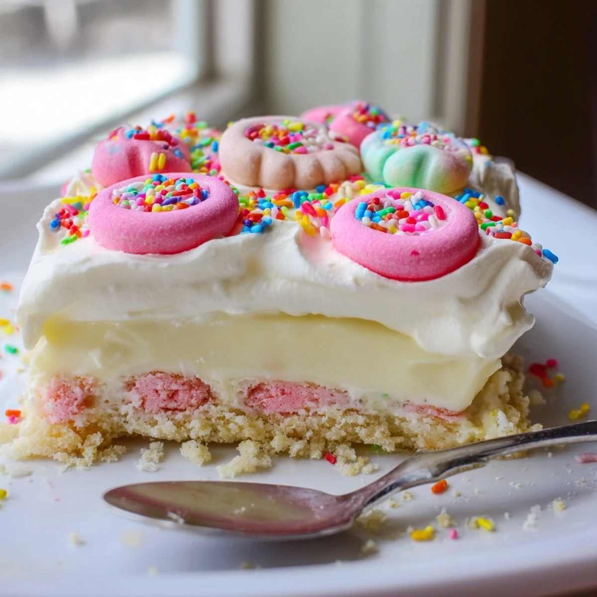 Creamy circus animal cookie lush sliced to reveal layered pudding whipped cream and crunchy cookie crust