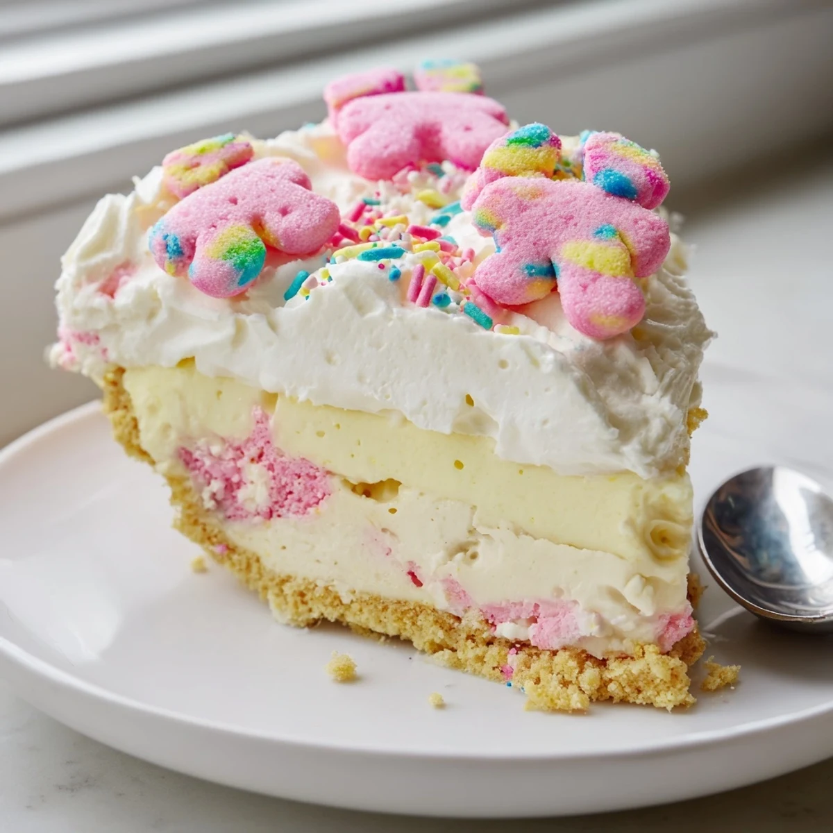 Circus animal cookie lush dessert with pink frosted cookies rainbow sprinkles and smooth vanilla pudding layers