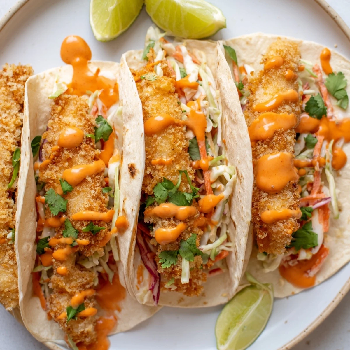 Crispy golden fish pieces nestled in warm tortillas topped with tangy bang bang sauce and crunchy lime slaw