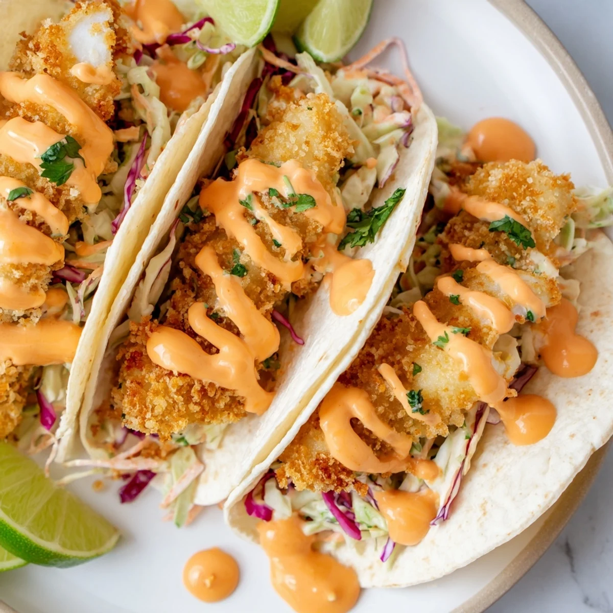 Close-up of bang bang fish tacos drizzled with spicy creamy sauce over shredded cabbage in a soft tortilla