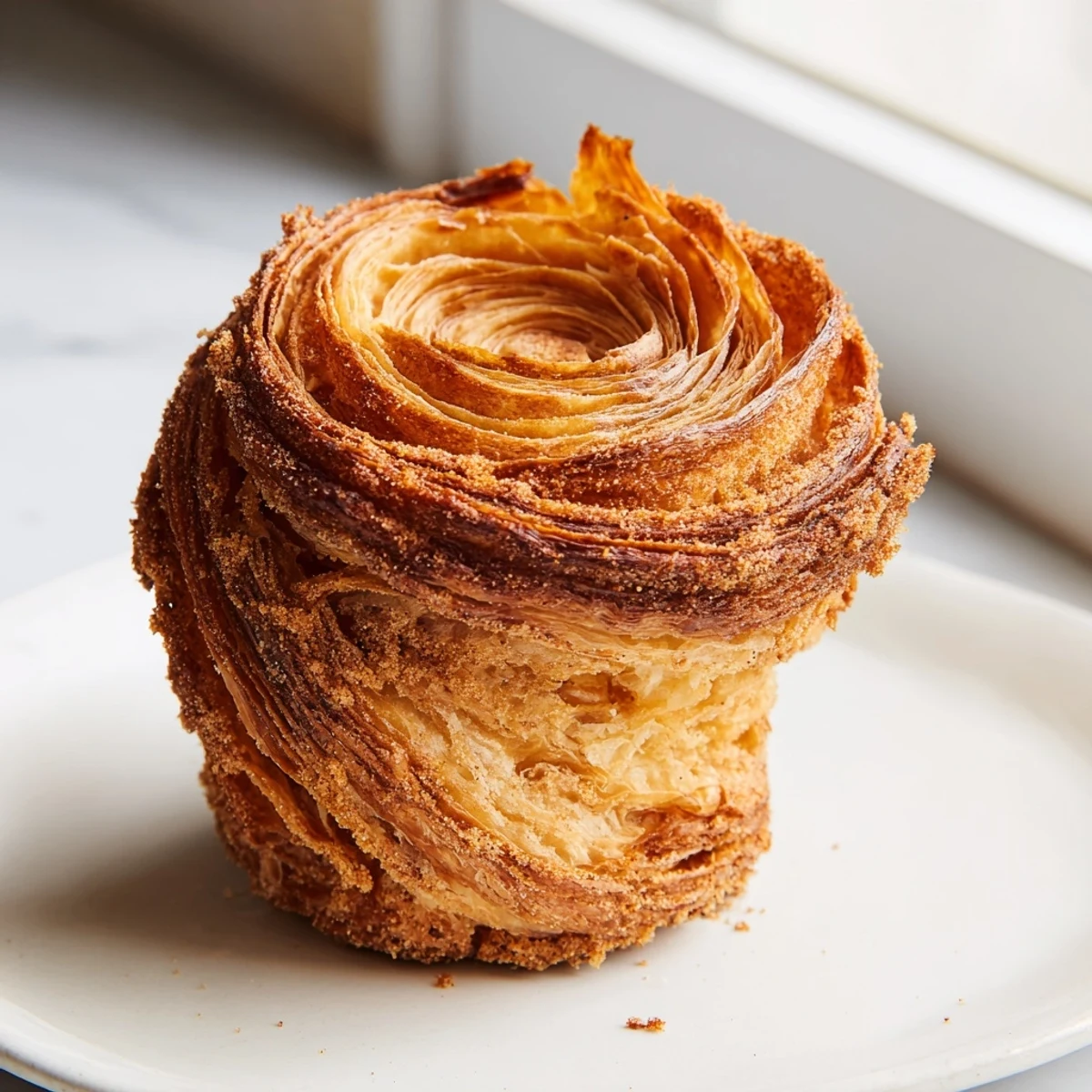 Golden cruffins with flaky croissant layers served warm on a rustic plate