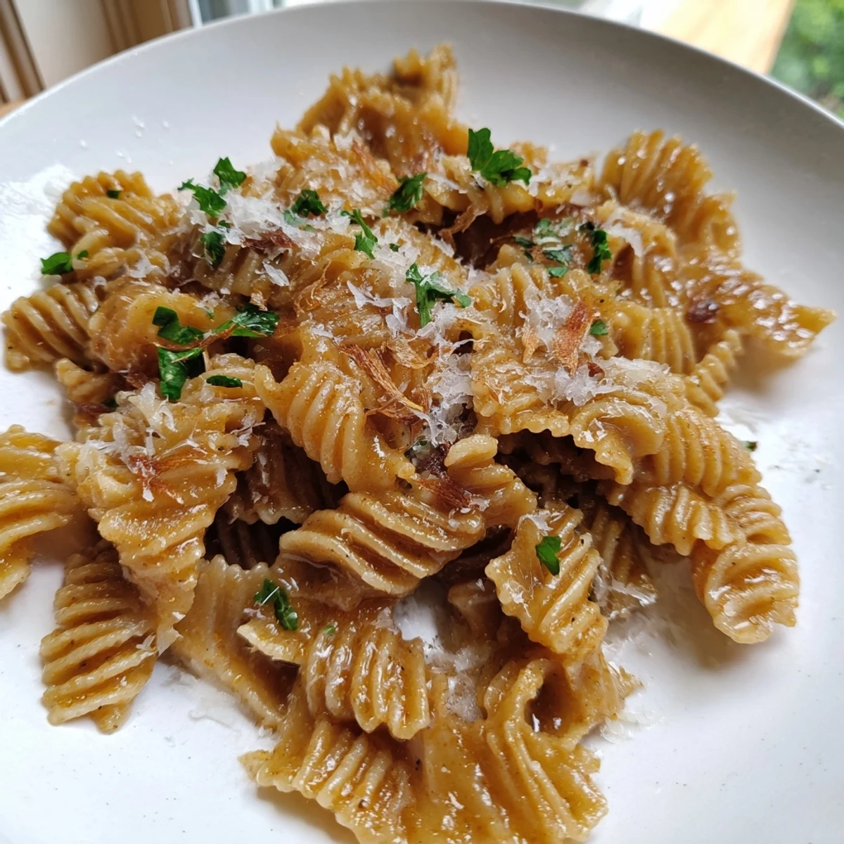 Brown butter miso roasted garlic radiatori topped with golden crispy shallots and fresh herbs