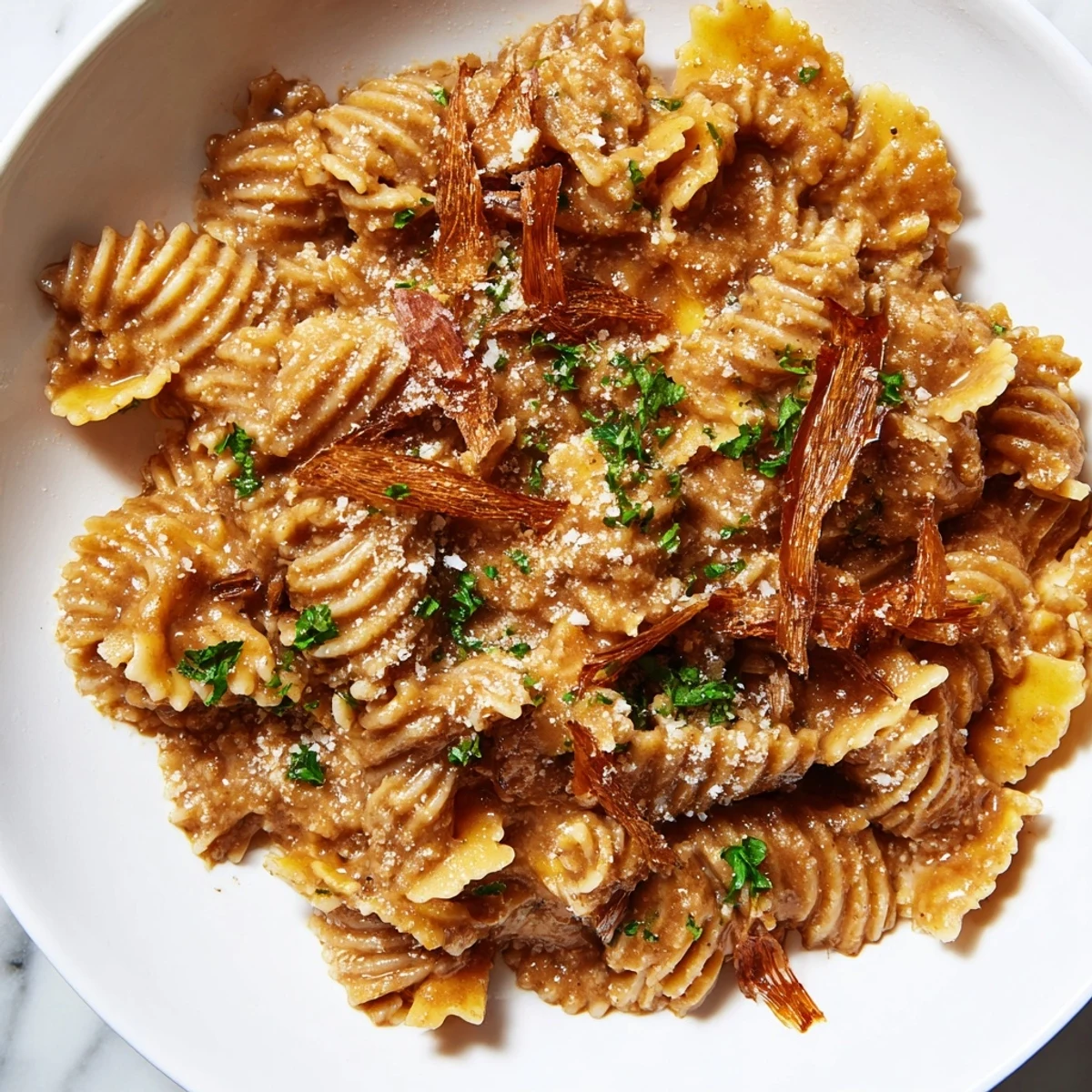 Brown butter miso roasted garlic radiatori served in a rustic dish with crispy shallots