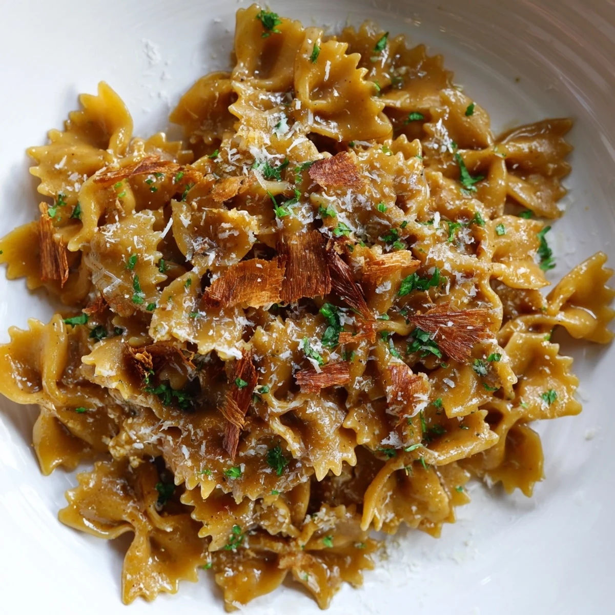 Steaming bowl of brown butter miso roasted garlic radiatori glistening with savory Parmesan sauce
