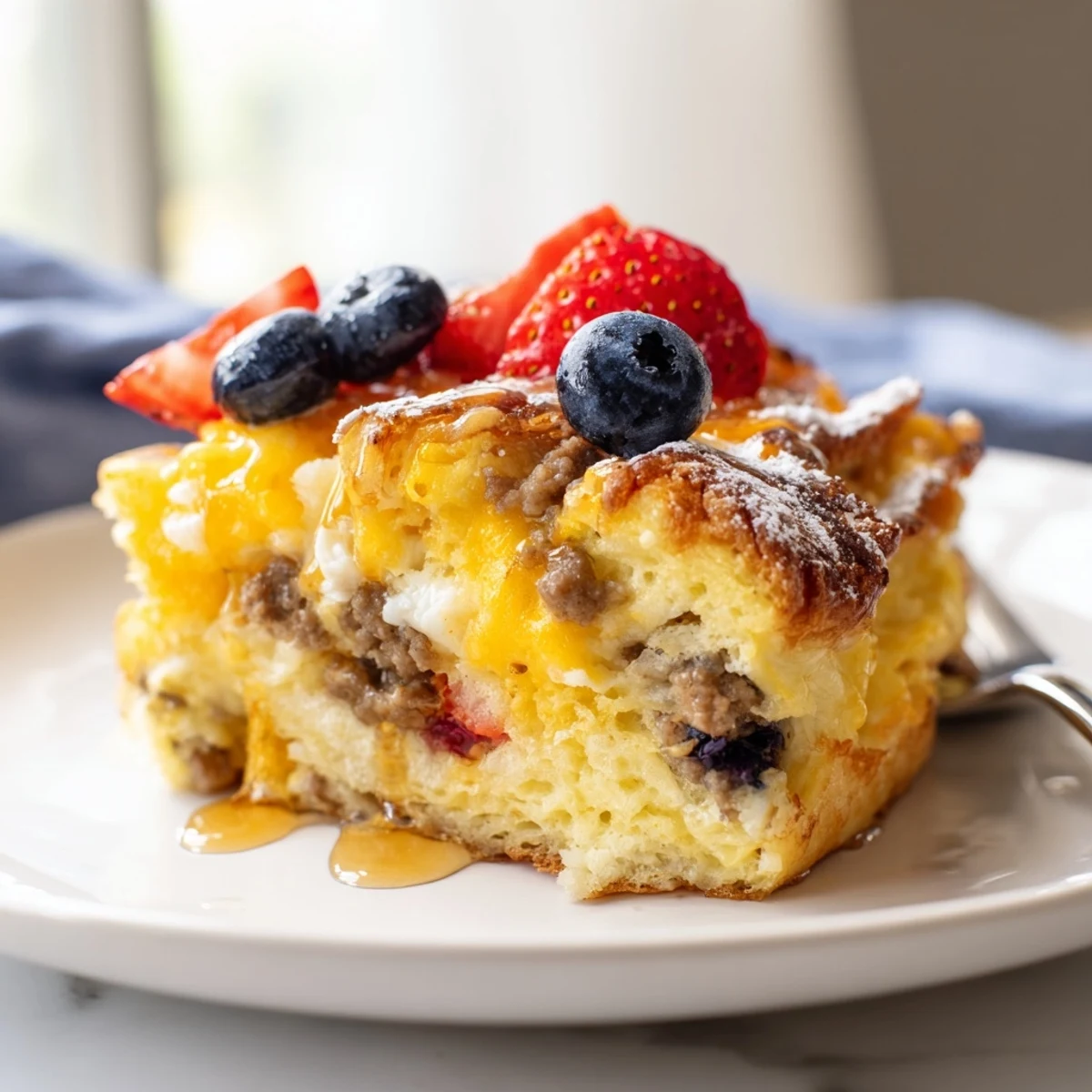 Golden overnight pancake breakfast bake topped with powdered sugar and fresh berries